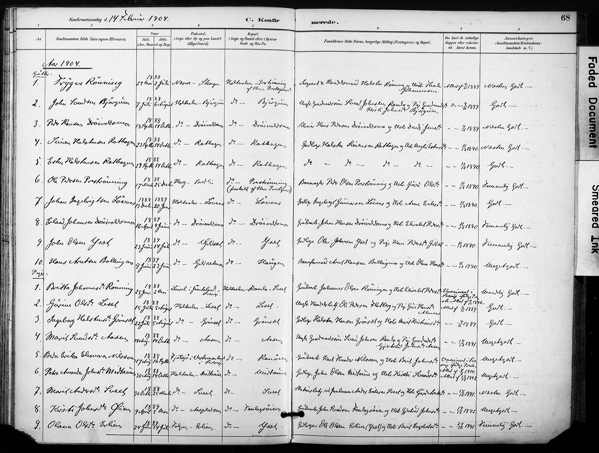 Ministerialprotokoller, klokkerbøker og fødselsregistre - Sør-Trøndelag, AV/SAT-A-1456/685/L0973: Parish register (official) no. 685A10, 1891-1907, p. 68