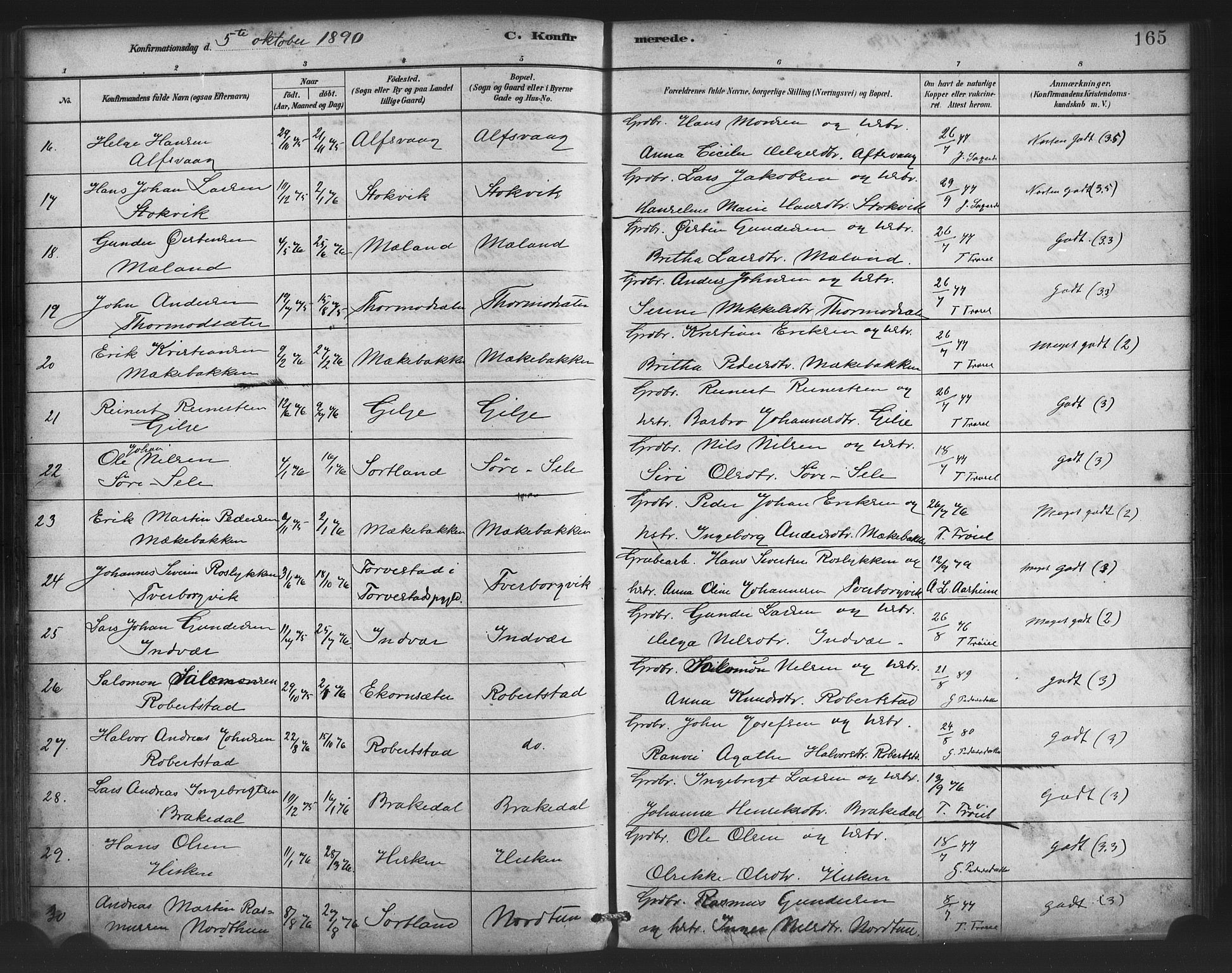 Finnås sokneprestembete, AV/SAB-A-99925/H/Ha/Haa/Haac/L0001: Parish register (official) no. C 1, 1881-1894, p. 165