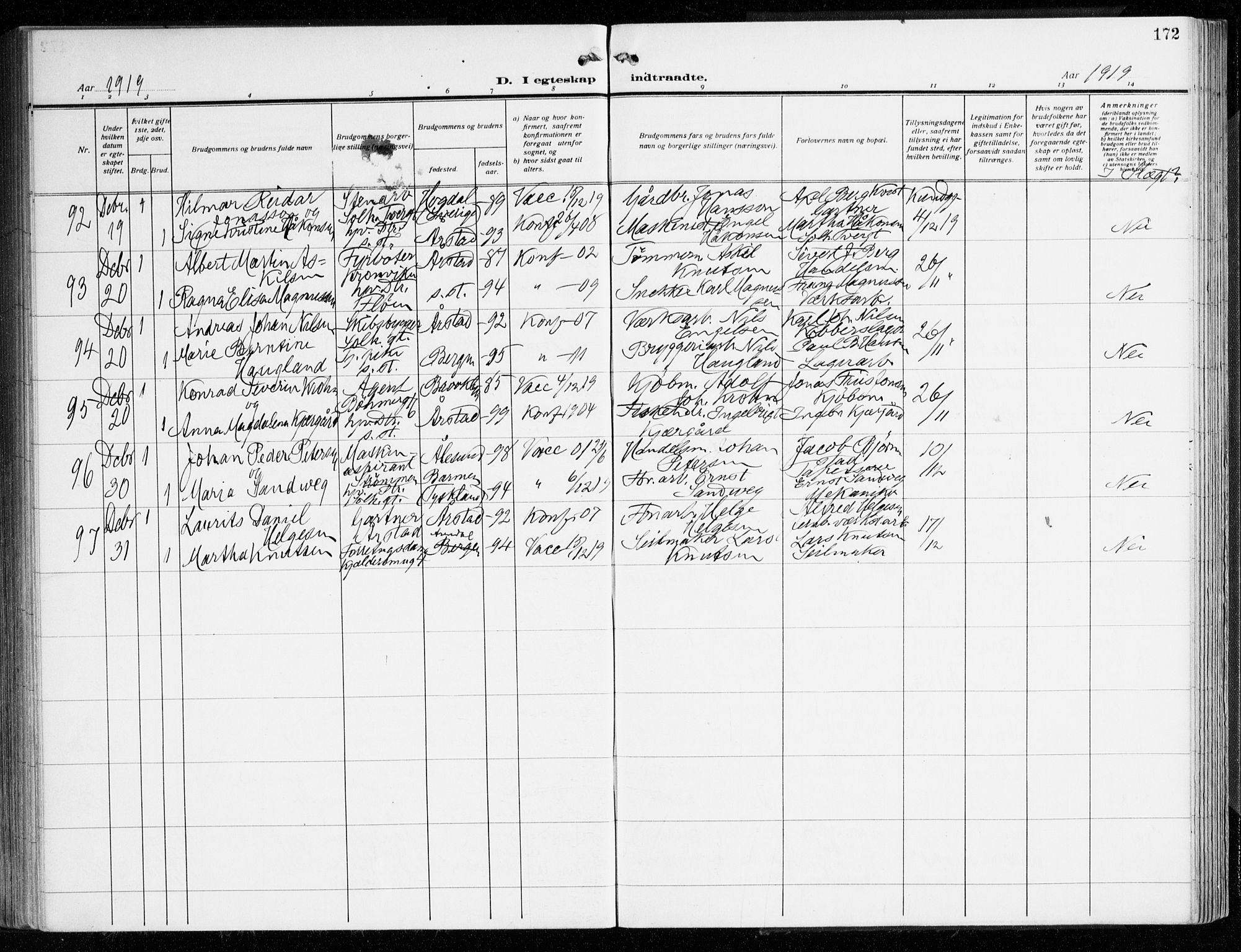 Årstad Sokneprestembete, AV/SAB-A-79301/H/Haa/L0004: Parish register (official) no. A 4, 1919-1928, p. 172