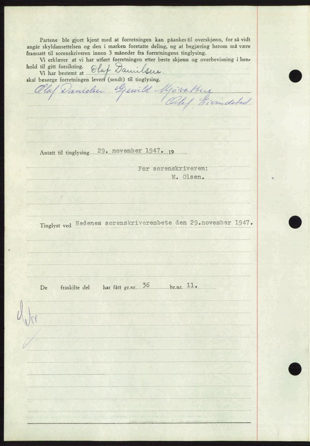 Nedenes sorenskriveri, AV/SAK-1221-0006/G/Gb/Gba/L0058: Mortgage book no. A10, 1947-1948, Diary no: : 1818/1947