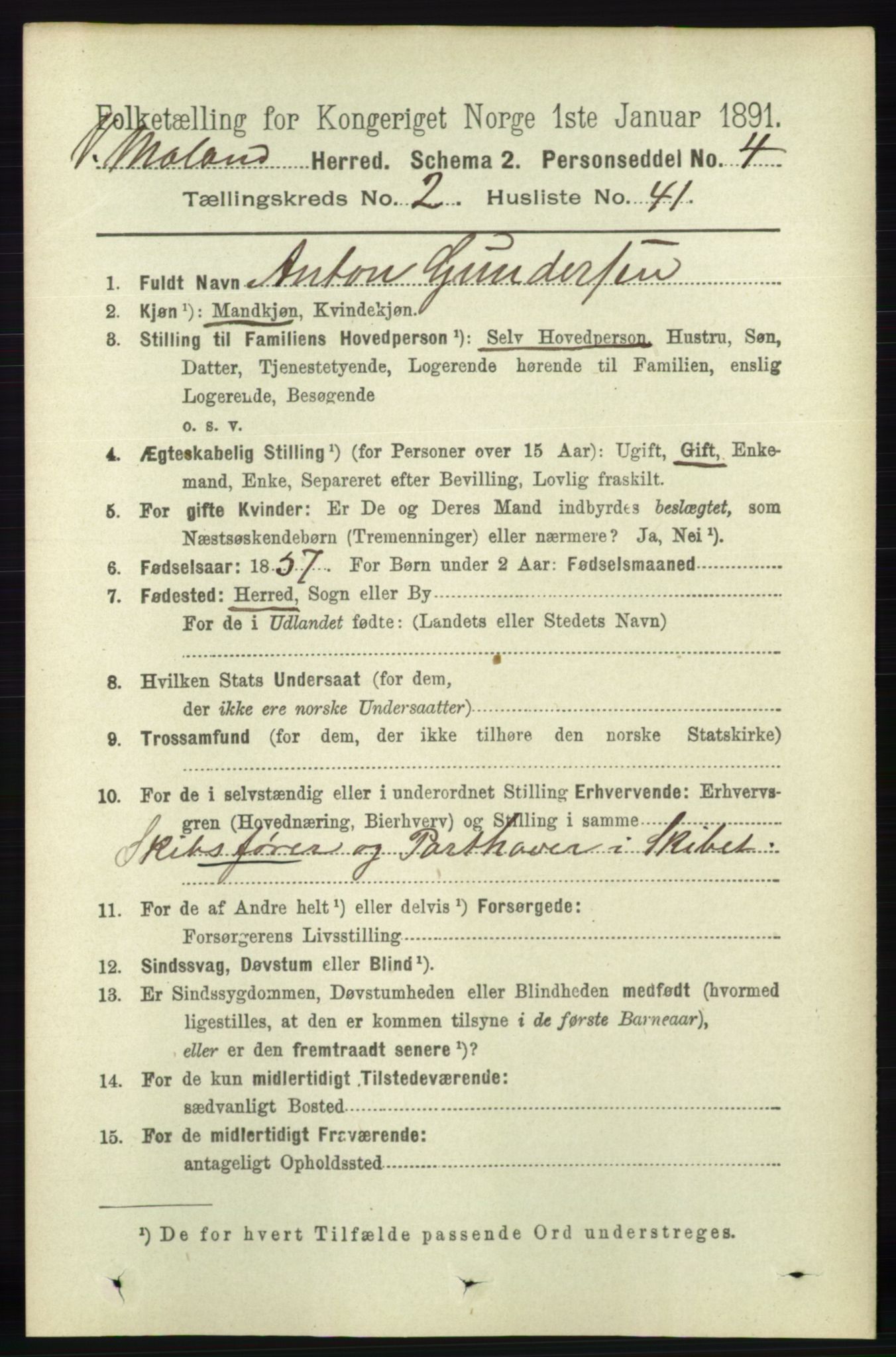 RA, 1891 census for 0926 Vestre Moland, 1891, p. 834