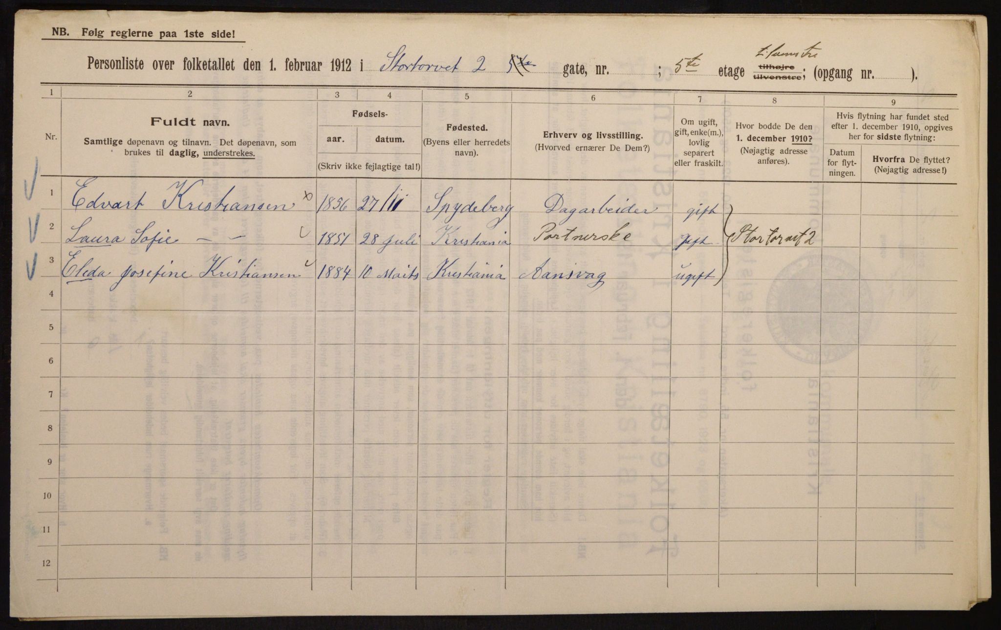 OBA, Municipal Census 1912 for Kristiania, 1912, p. 115124