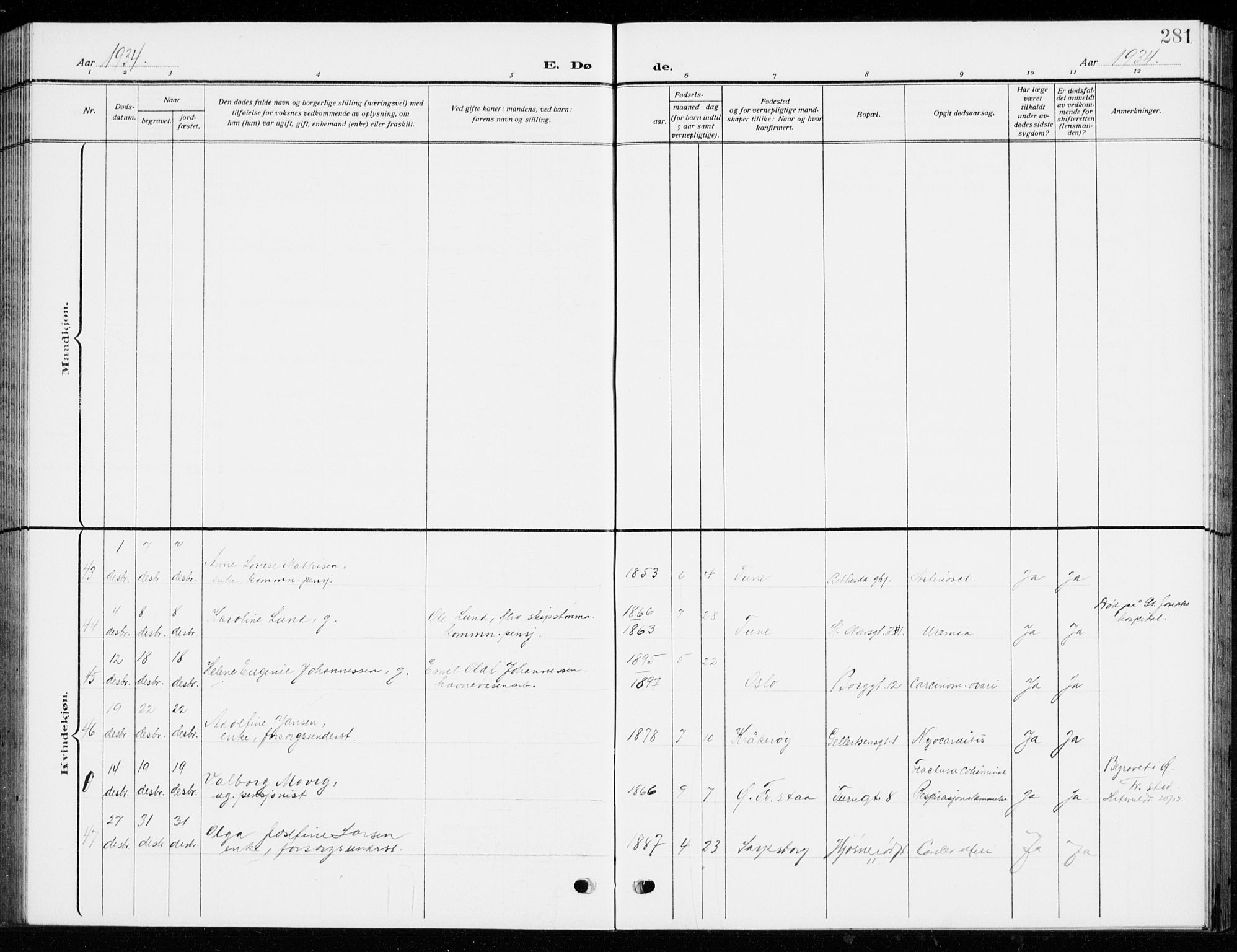Fredrikstad domkirkes prestekontor Kirkebøker, SAO/A-10906/G/Ga/L0004: Parish register (copy) no. 4, 1910-1944, p. 281