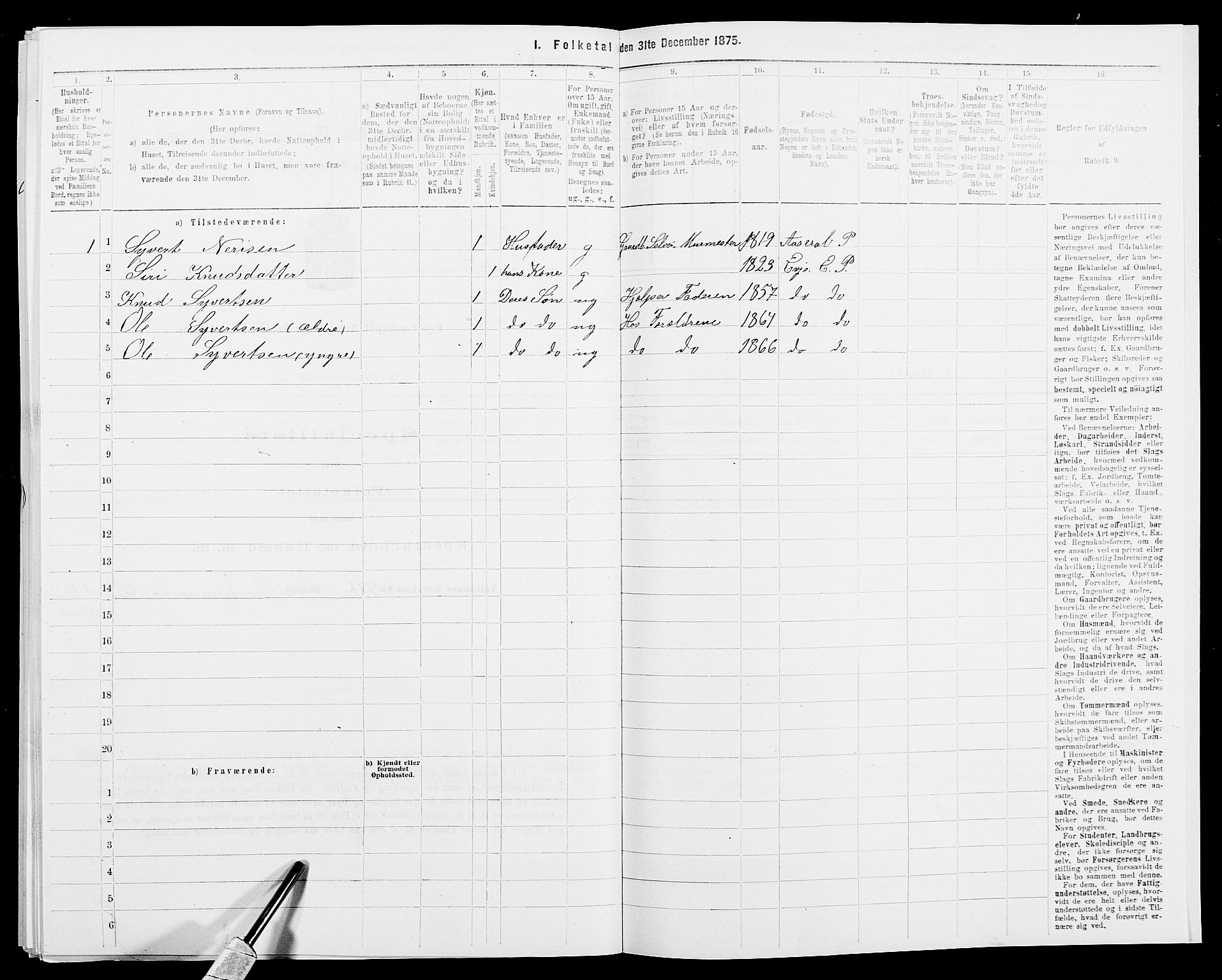 SAK, 1875 census for 0934P Evje, 1875, p. 284