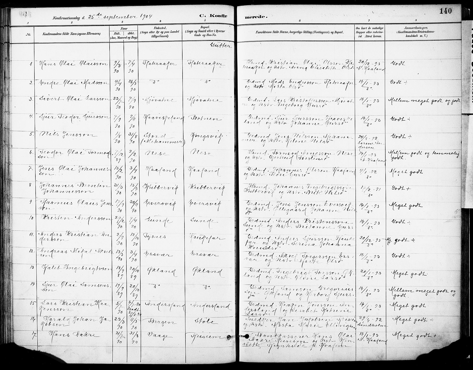 Tysnes sokneprestembete, SAB/A-78601/H/Haa: Parish register (official) no. D 1, 1887-1904, p. 140