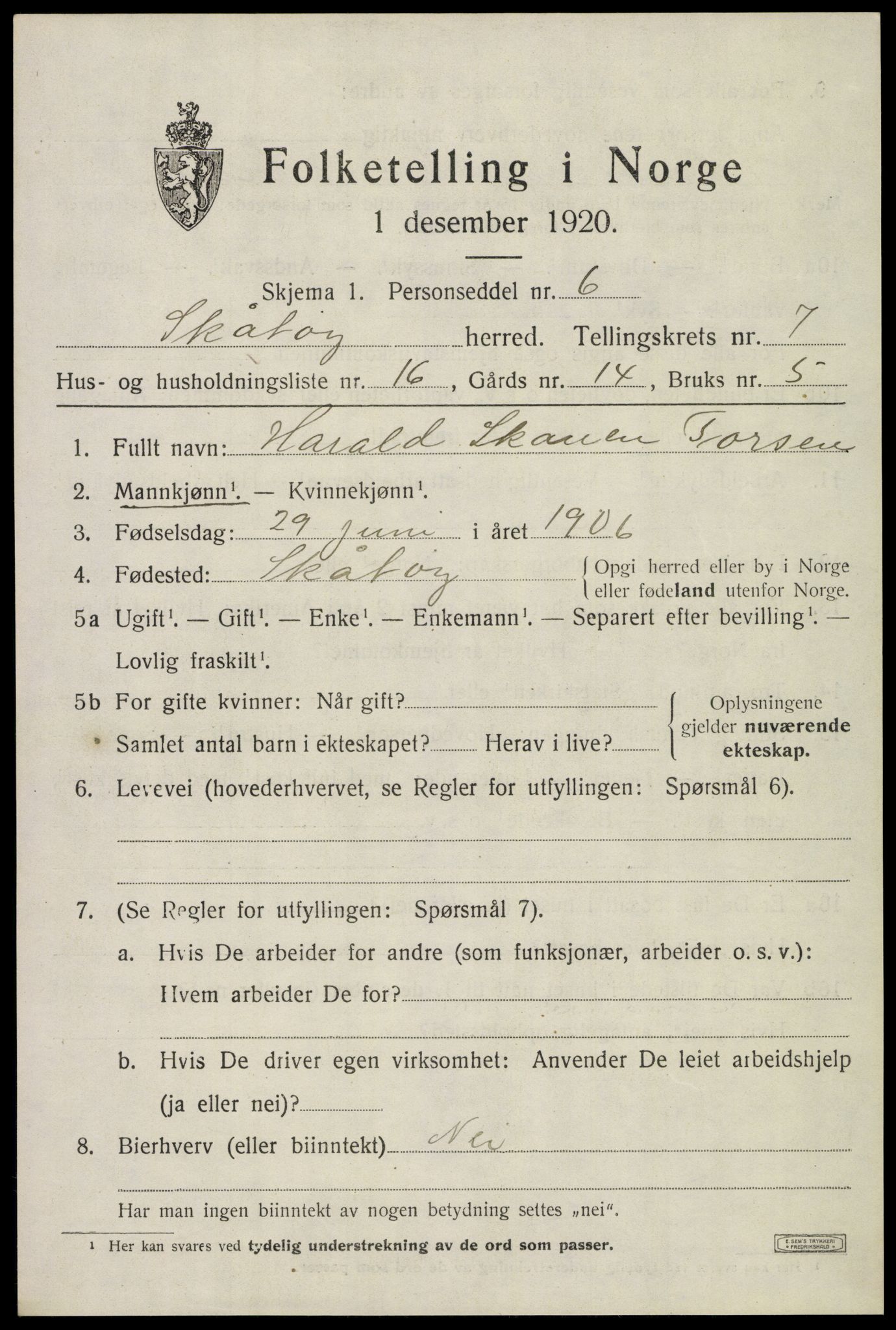 SAKO, 1920 census for Skåtøy, 1920, p. 5474