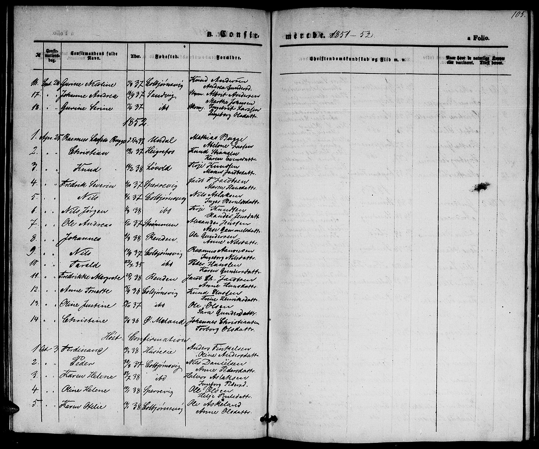 Hisøy sokneprestkontor, SAK/1111-0020/F/Fb/L0001: Parish register (copy) no. B 1, 1849-1872, p. 105