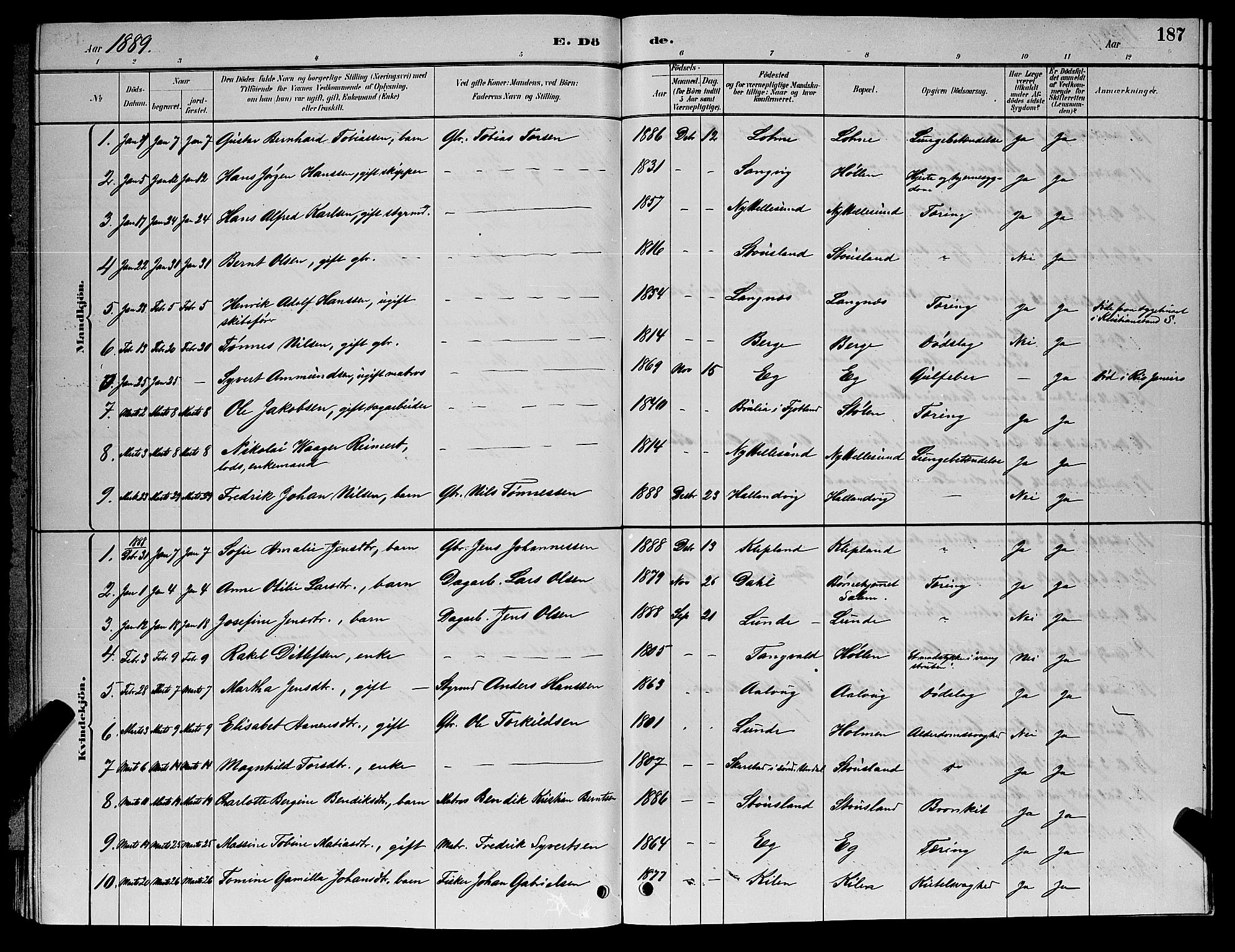 Søgne sokneprestkontor, SAK/1111-0037/F/Fb/Fbb/L0005: Parish register (copy) no. B 5, 1884-1891, p. 187