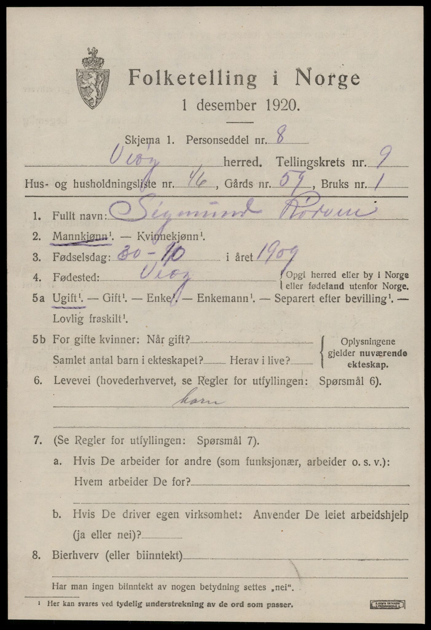 SAT, 1920 census for Veøy, 1920, p. 4709