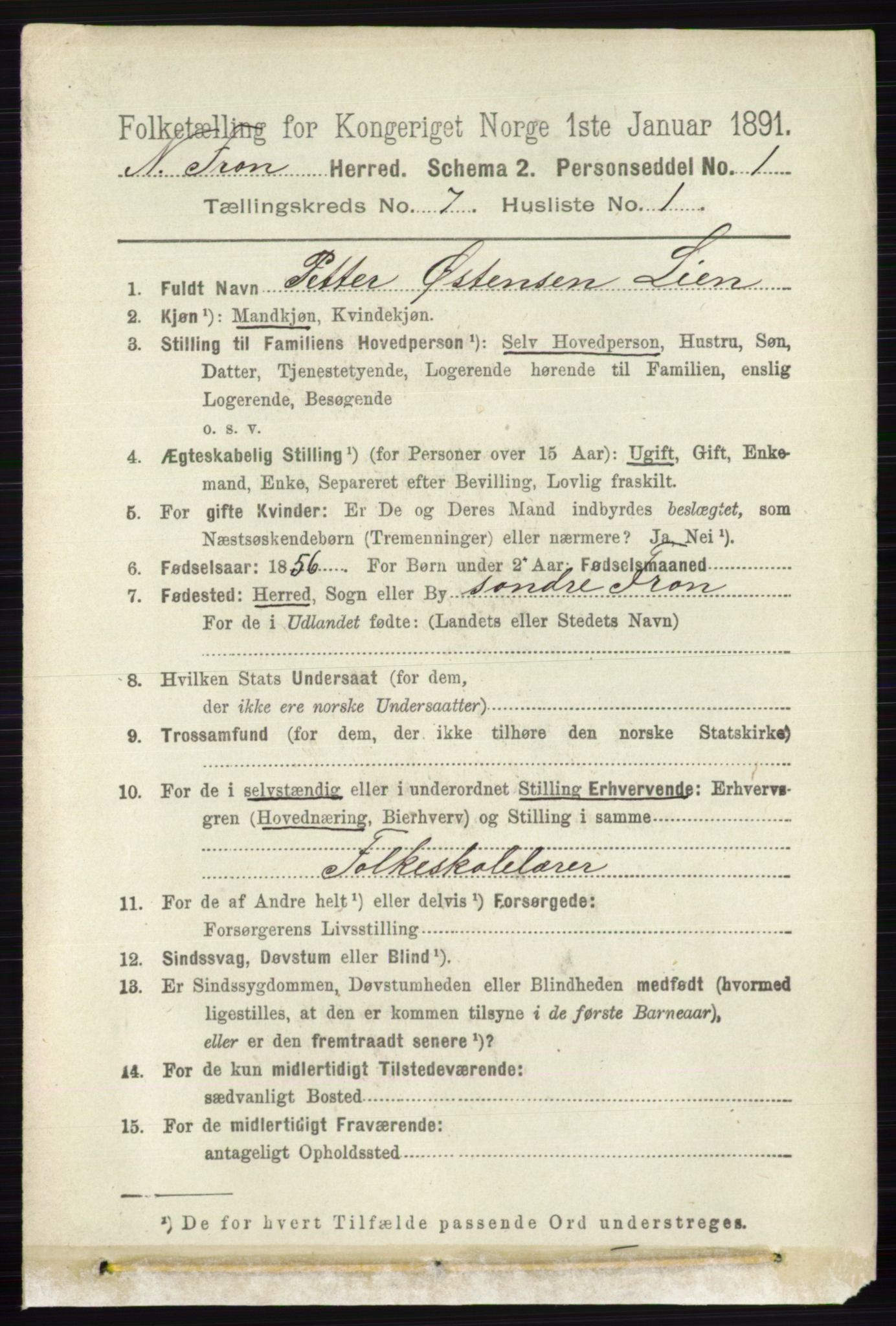 RA, 1891 census for 0518 Nord-Fron, 1891, p. 2837