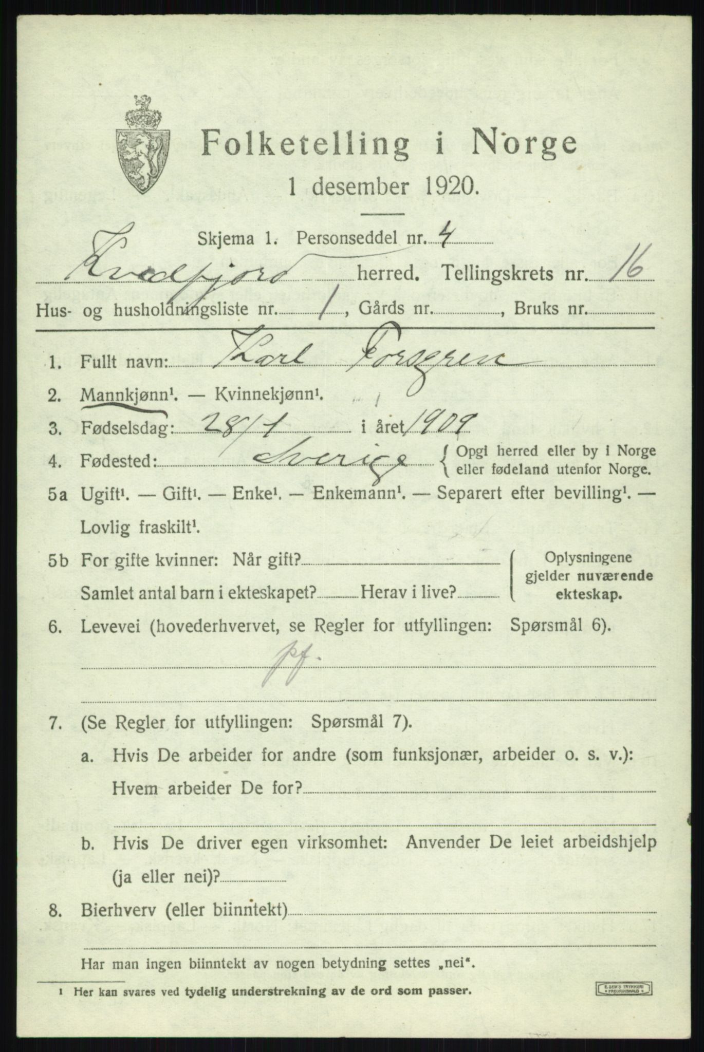 SATØ, 1920 census for Kvæfjord, 1920, p. 7491