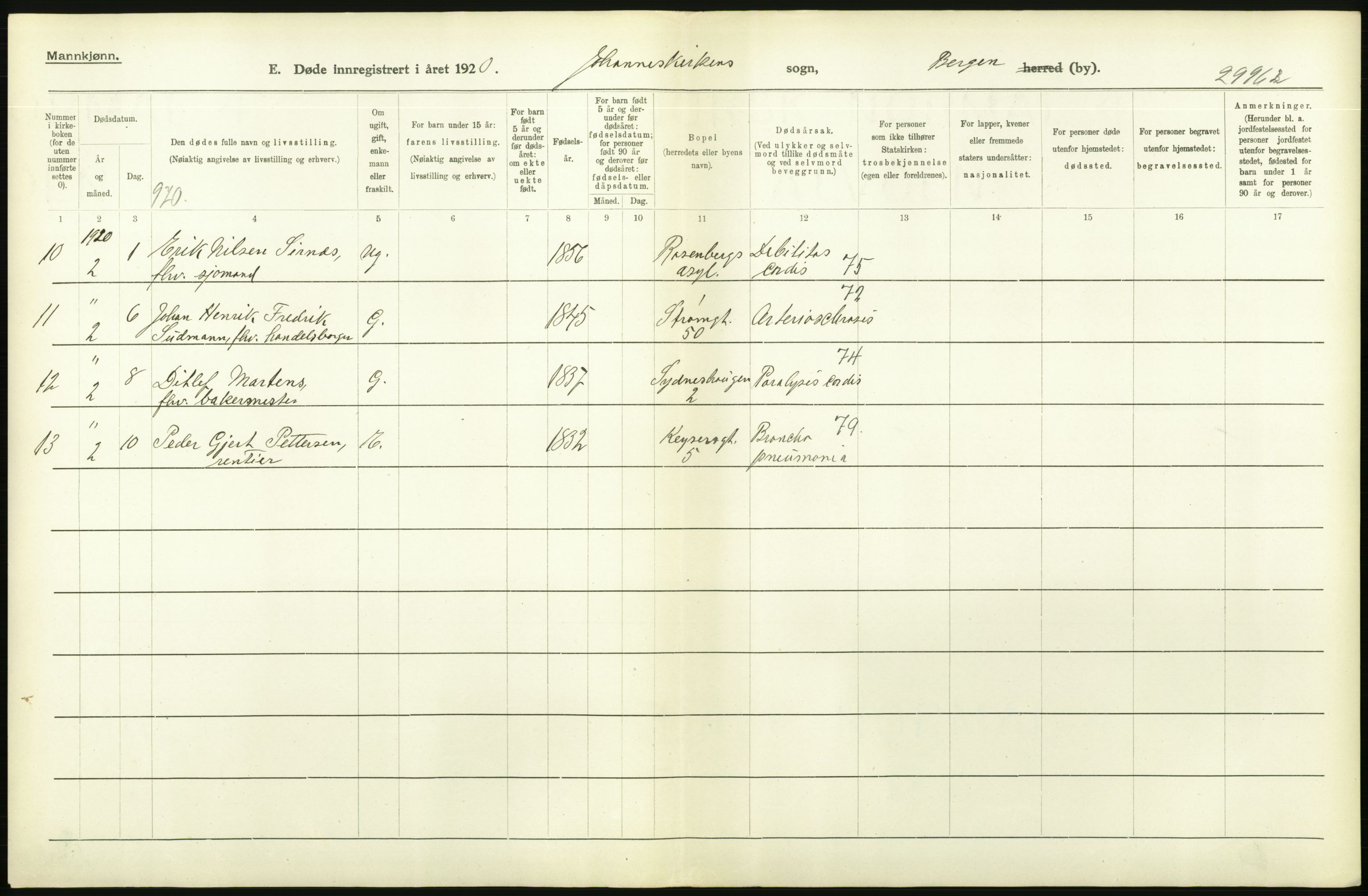 Statistisk sentralbyrå, Sosiodemografiske emner, Befolkning, AV/RA-S-2228/D/Df/Dfb/Dfbj/L0042: Bergen: Gifte, døde, dødfødte., 1920, p. 588