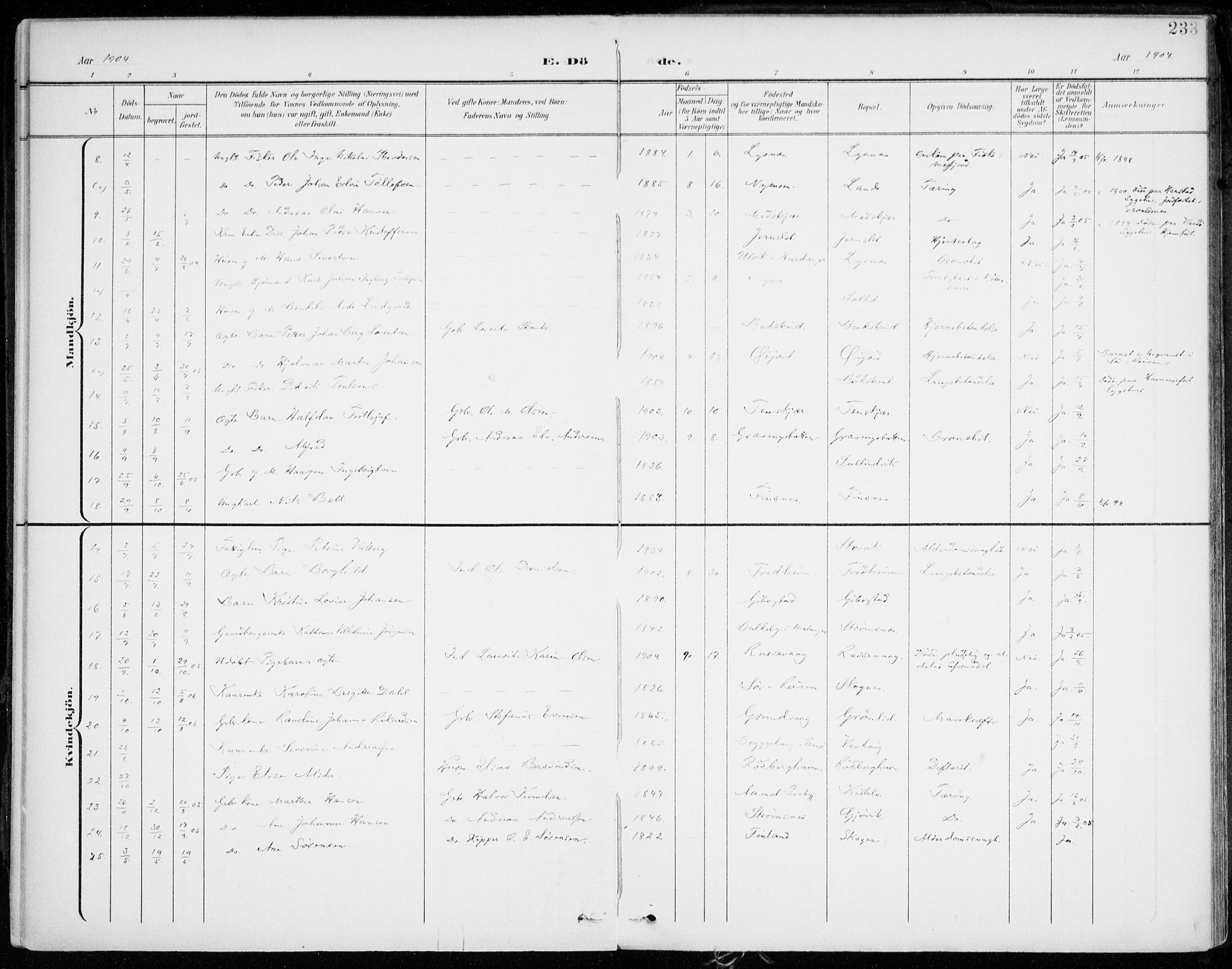 Lenvik sokneprestembete, AV/SATØ-S-1310/H/Ha/Haa/L0014kirke: Parish register (official) no. 14, 1899-1909, p. 233