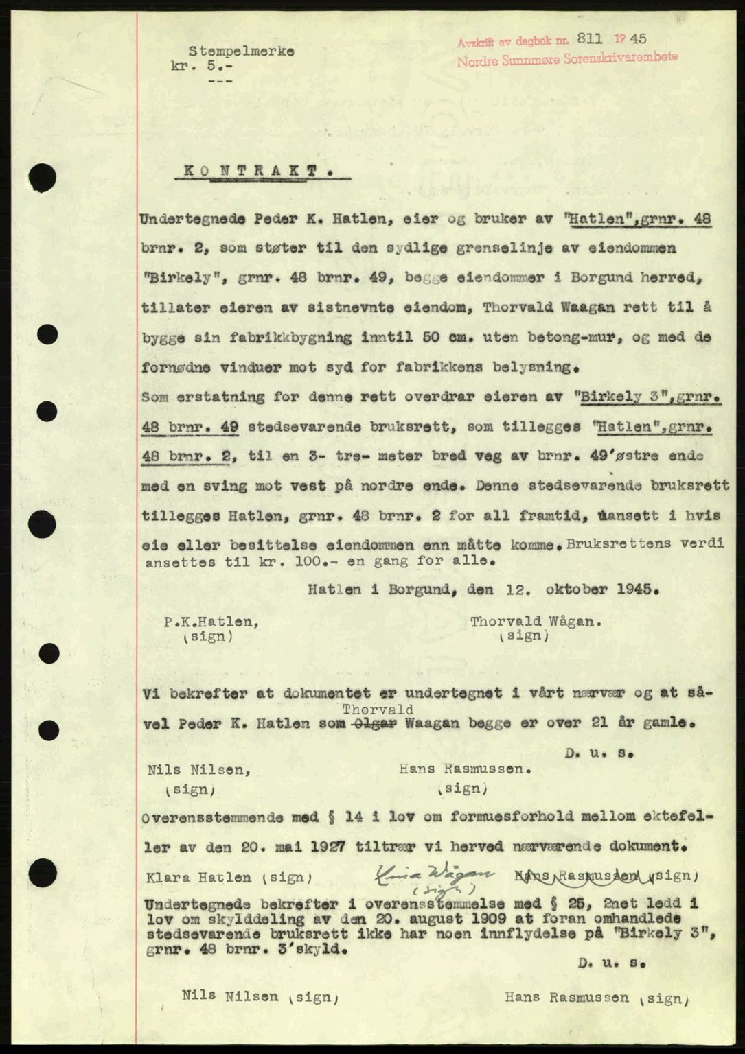 Nordre Sunnmøre sorenskriveri, AV/SAT-A-0006/1/2/2C/2Ca: Mortgage book no. A20a, 1945-1945, Diary no: : 811/1945