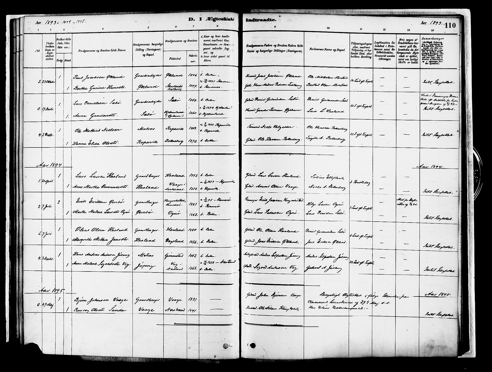 Tysvær sokneprestkontor, SAST/A -101864/H/Ha/Haa/L0007: Parish register (official) no. A 7, 1878-1897, p. 110