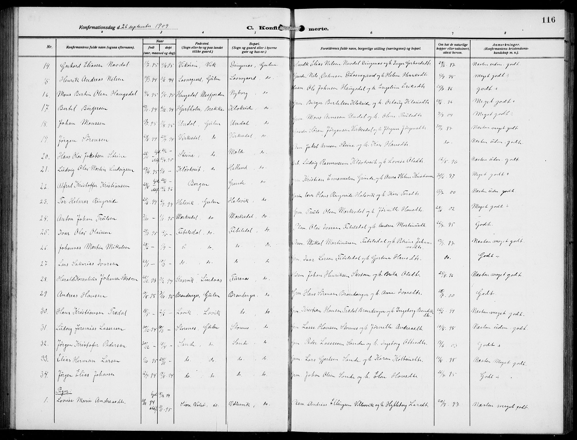 Gulen sokneprestembete, AV/SAB-A-80201/H/Hab/Habb/L0004: Parish register (copy) no. B 4, 1908-1936, p. 116