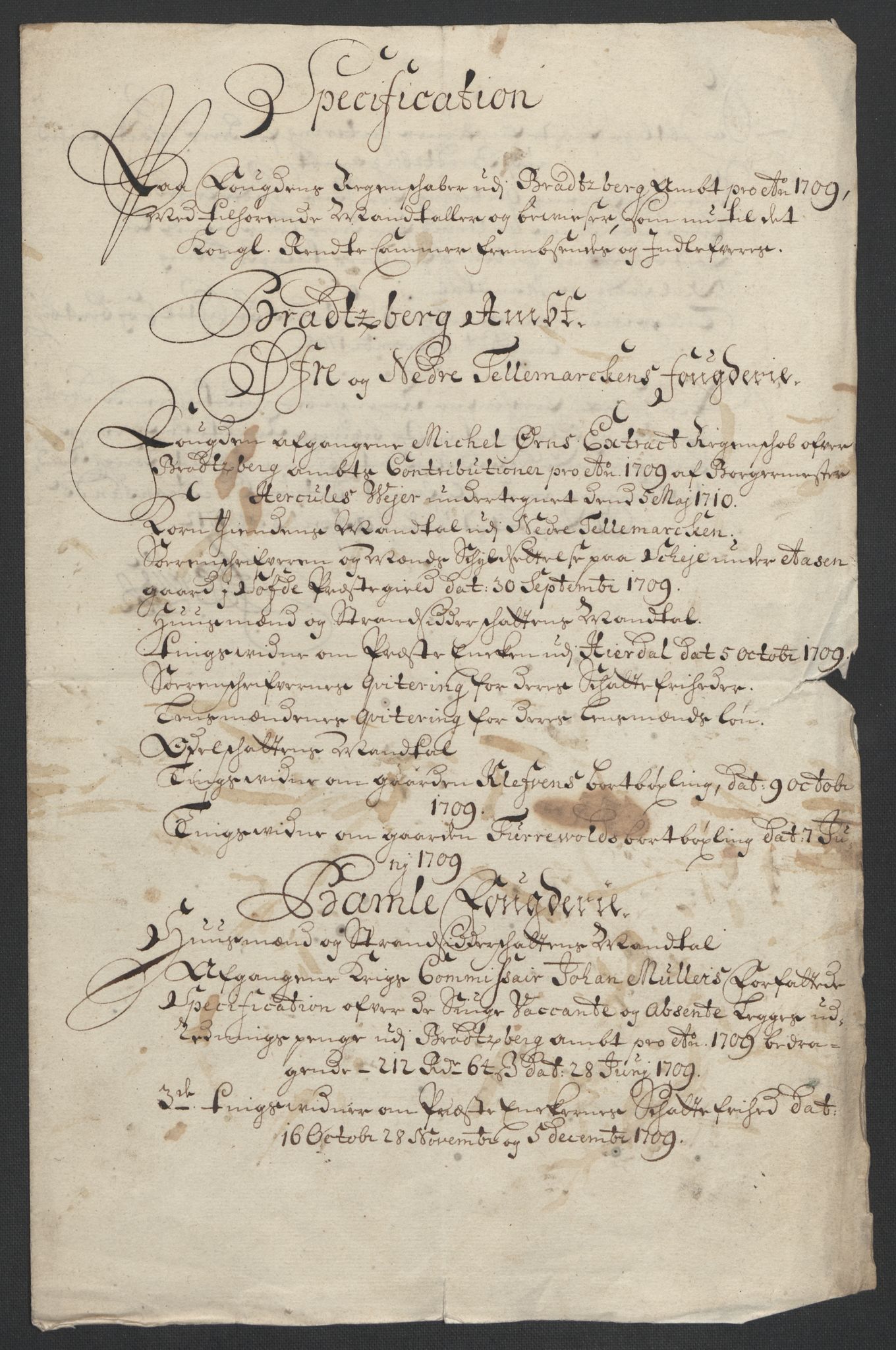 Rentekammeret inntil 1814, Reviderte regnskaper, Fogderegnskap, AV/RA-EA-4092/R36/L2118: Fogderegnskap Øvre og Nedre Telemark og Bamble, 1708-1709, p. 289