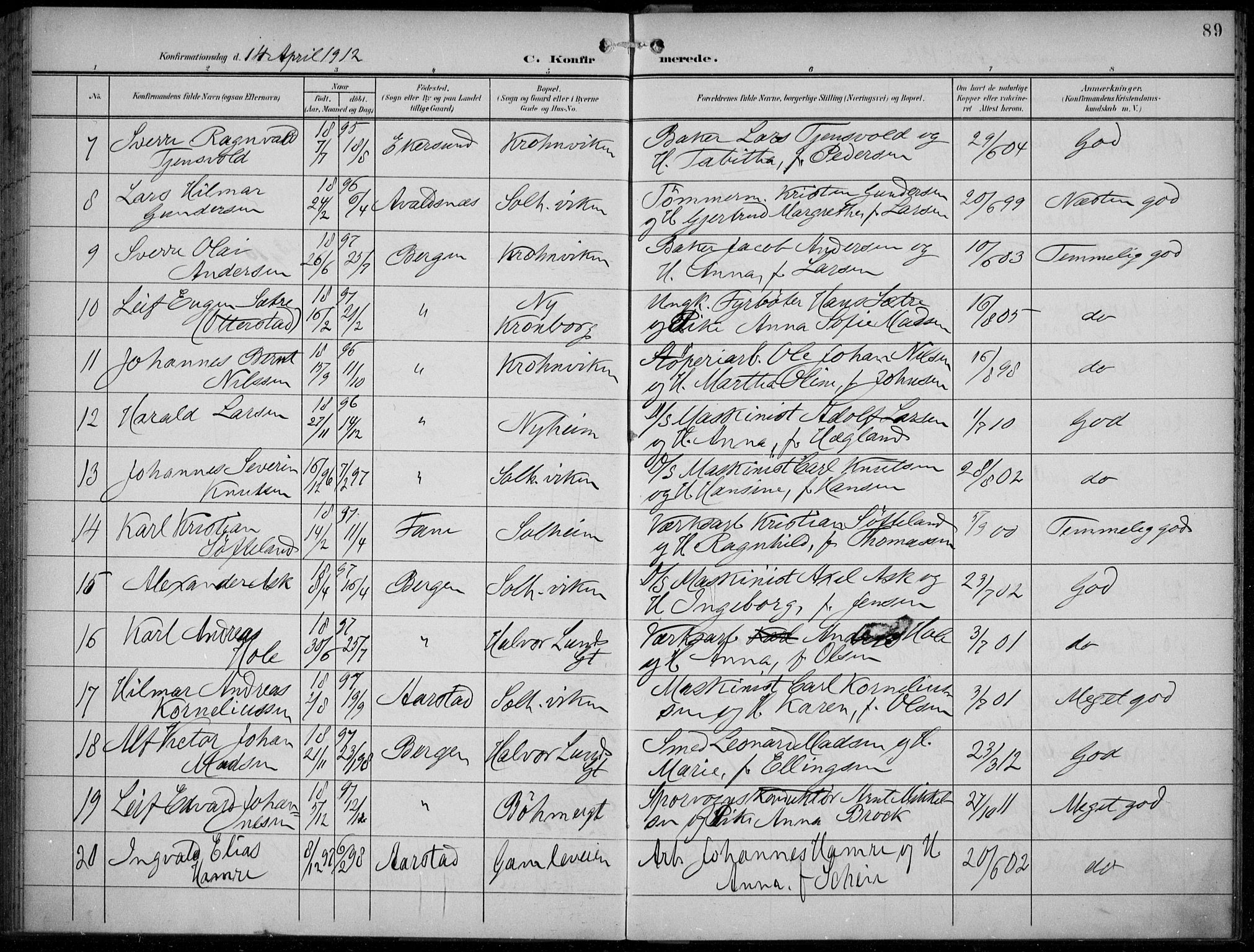 Årstad Sokneprestembete, AV/SAB-A-79301/H/Haa/L0007: Parish register (official) no. B 2, 1901-1914, p. 89