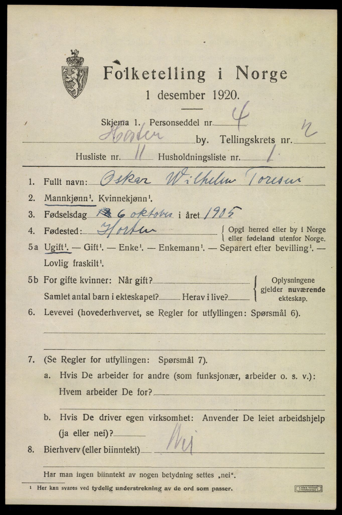 SAKO, 1920 census for Horten, 1920, p. 10337