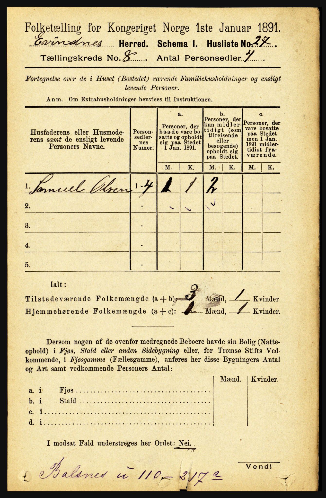 RA, 1891 census for 1853 Evenes, 1891, p. 2500