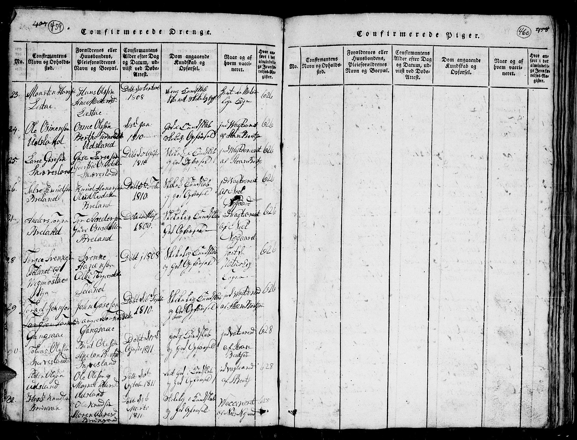 Holum sokneprestkontor, AV/SAK-1111-0022/F/Fb/Fbc/L0001: Parish register (copy) no. B 1, 1820-1859, p. 459-460