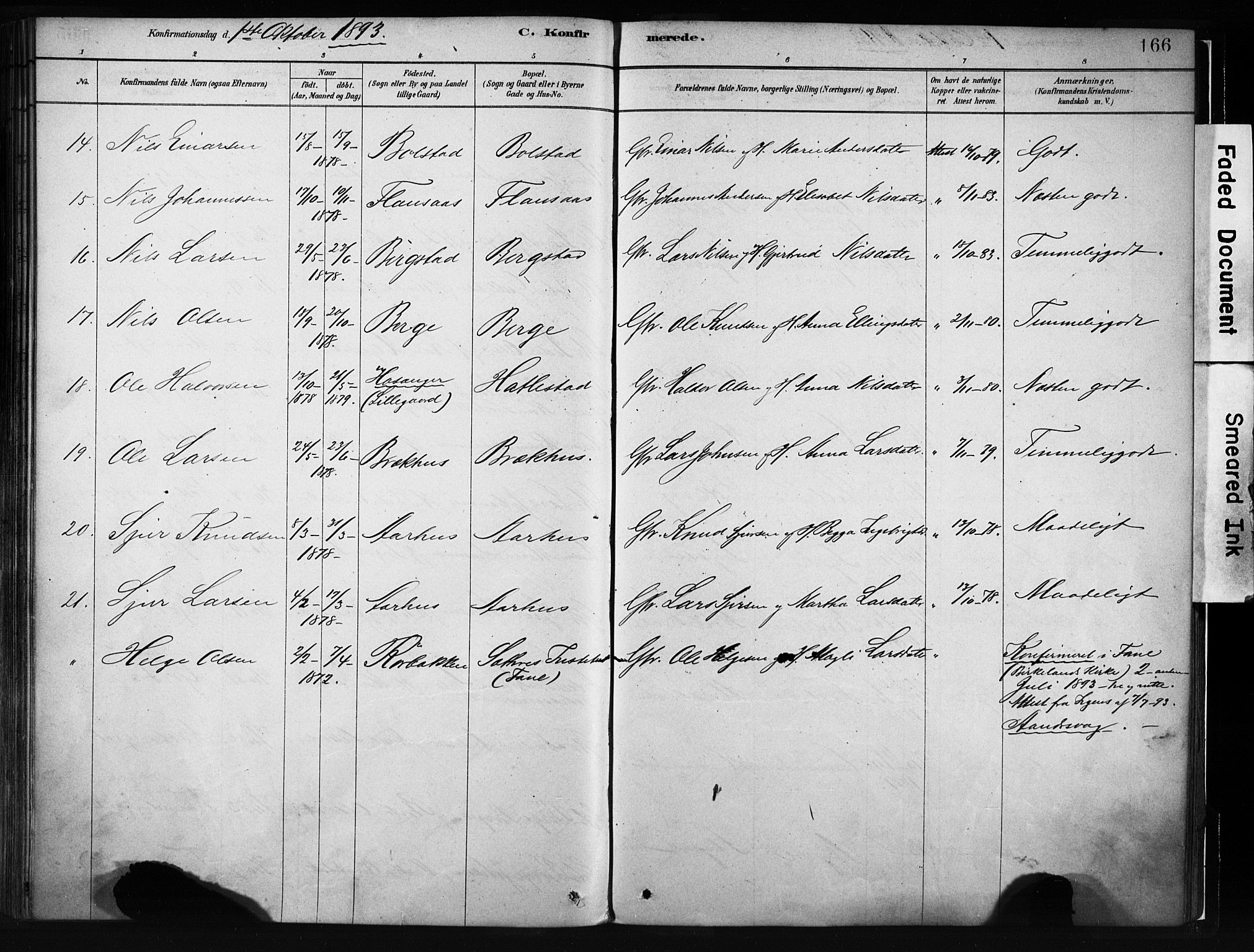 Evanger sokneprestembete, SAB/A-99924: Parish register (official) no. A 1, 1877-1899, p. 166