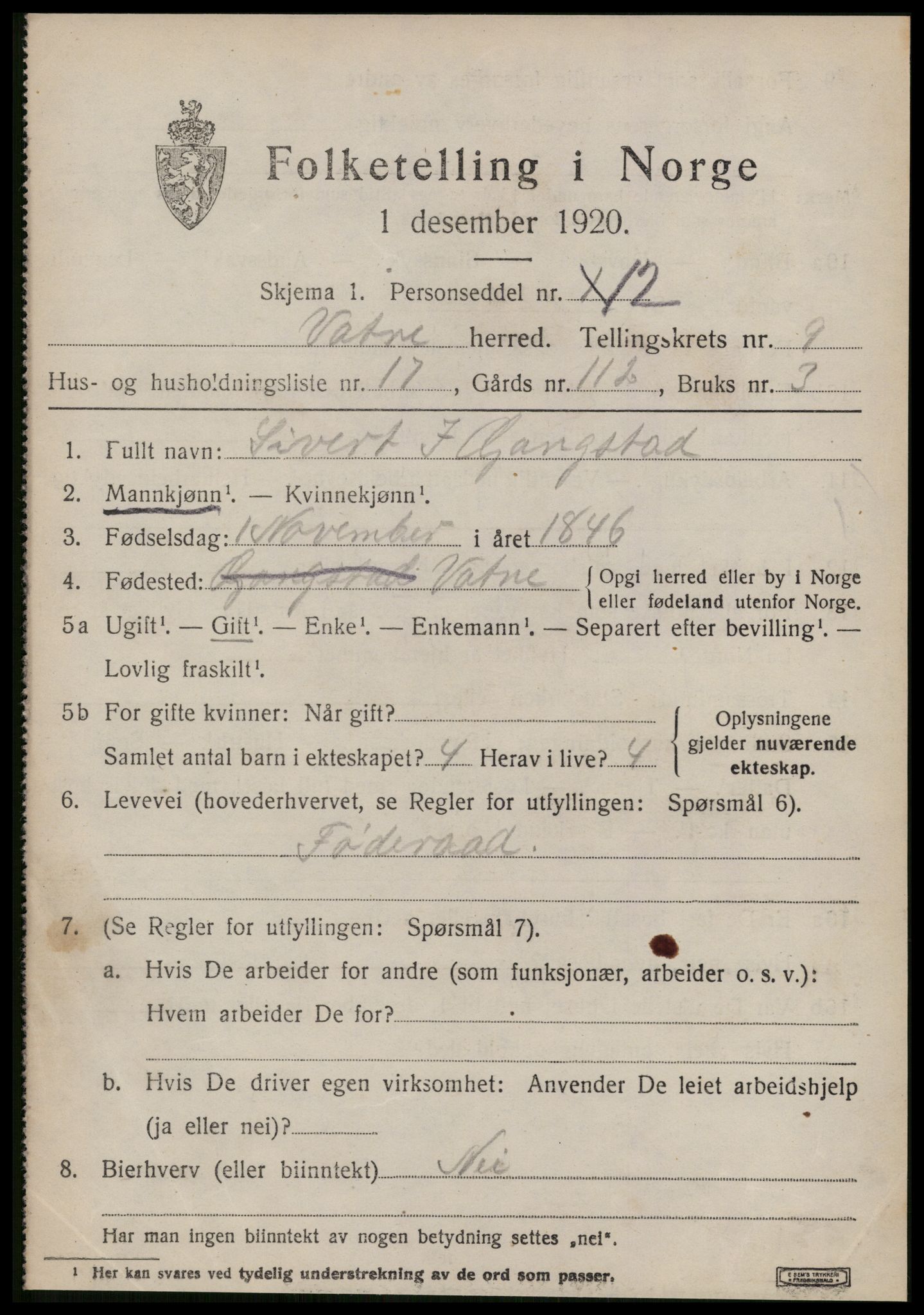 SAT, 1920 census for Vatne, 1920, p. 3918