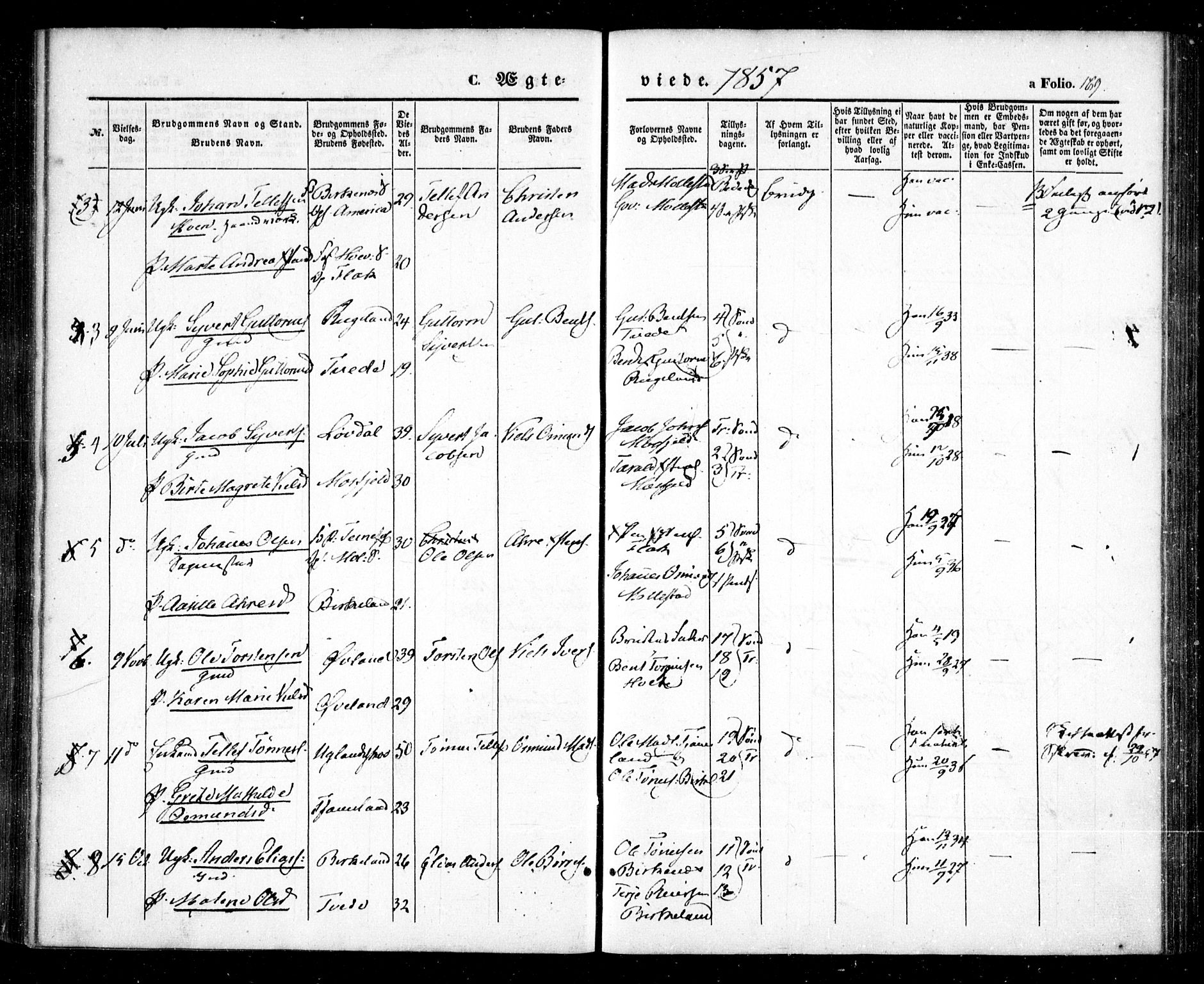 Birkenes sokneprestkontor, AV/SAK-1111-0004/F/Fa/L0003: Parish register (official) no. A 3, 1850-1866, p. 169