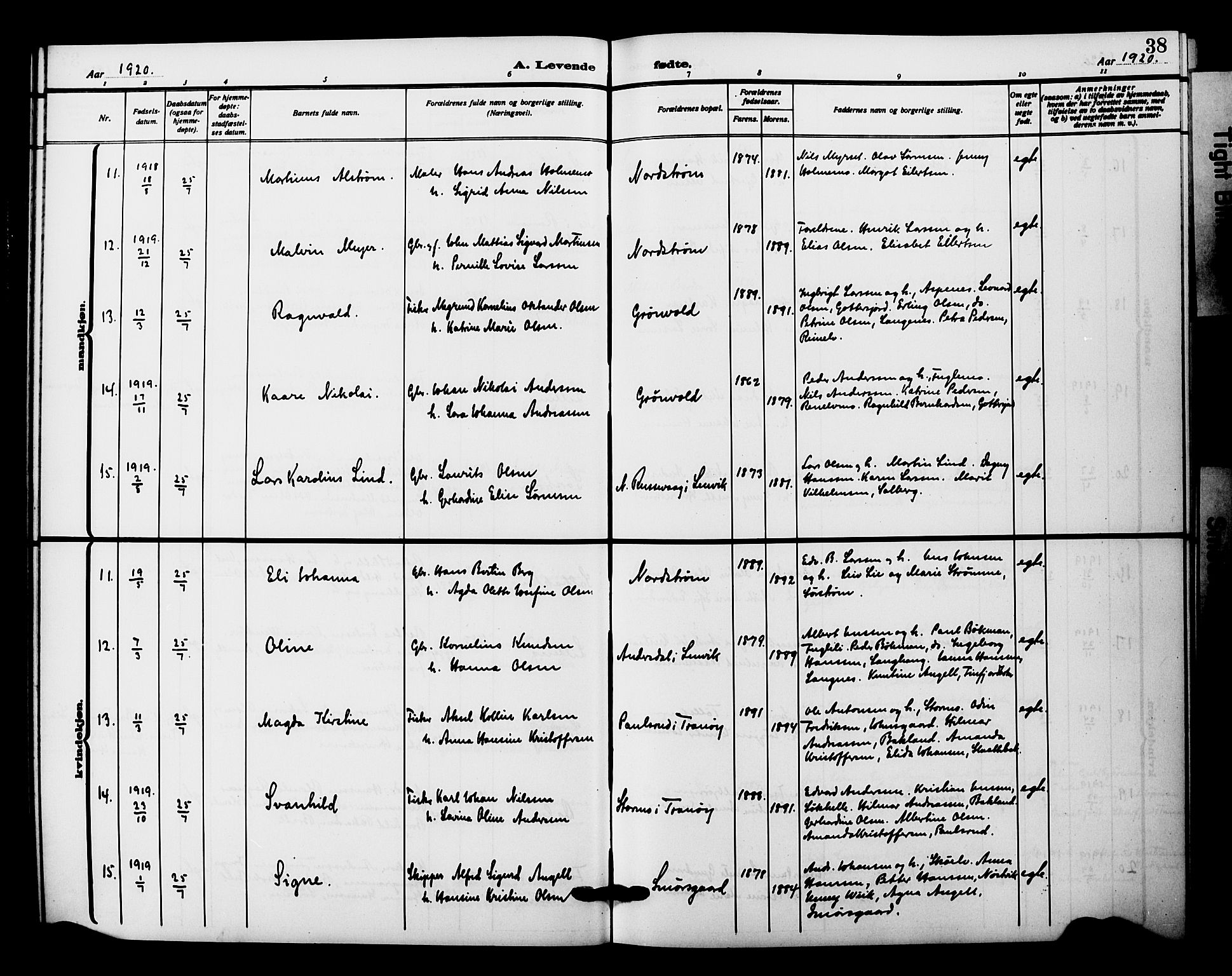 Tranøy sokneprestkontor, SATØ/S-1313/I/Ia/Iab/L0023klokker: Parish register (copy) no. 23, 1913-1928, p. 38