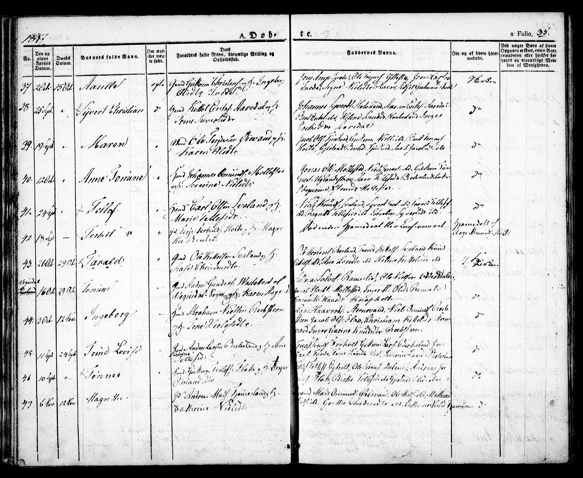 Birkenes sokneprestkontor, SAK/1111-0004/F/Fa/L0001: Parish register (official) no. A 1, 1829-1849, p. 35