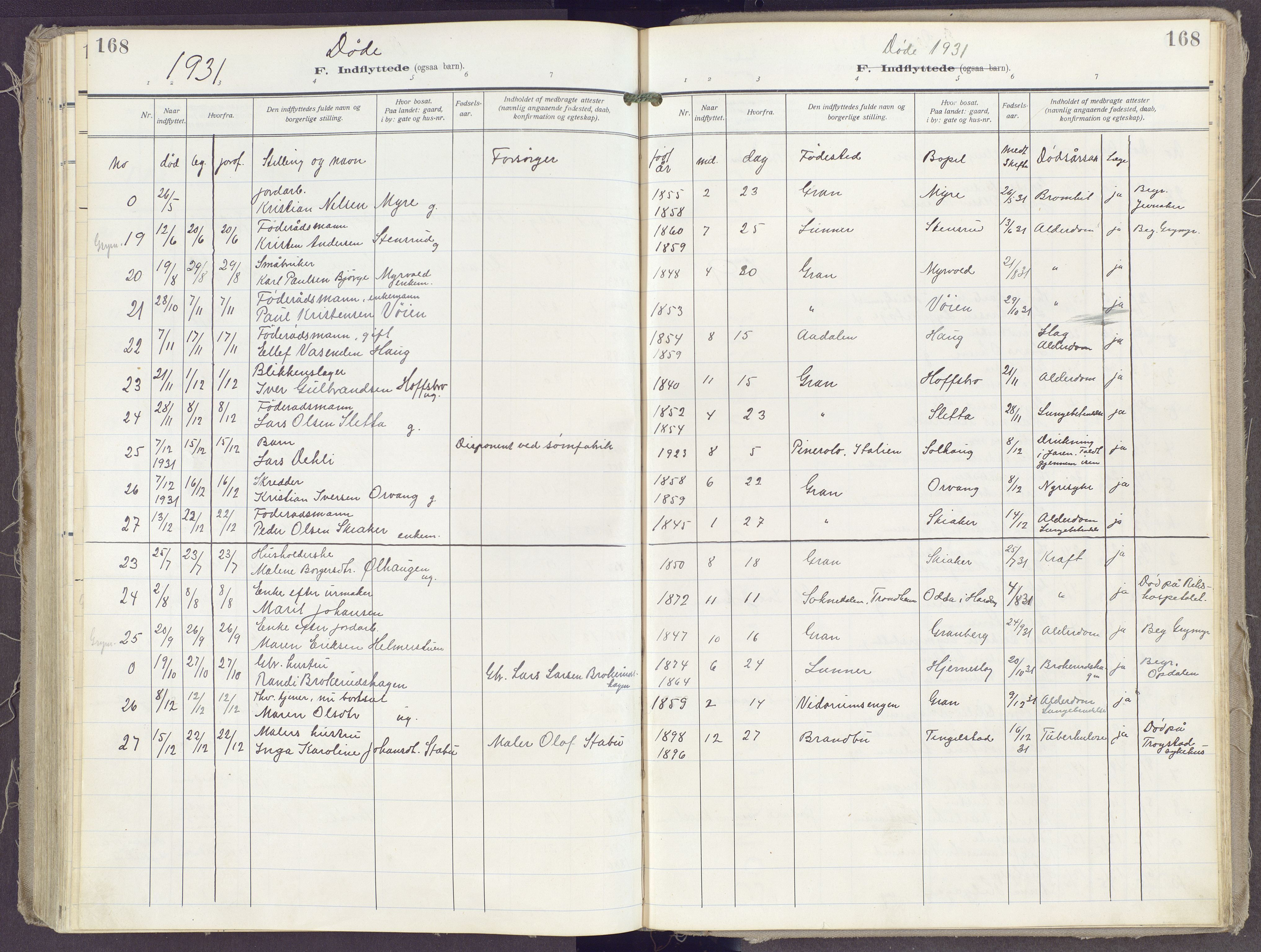 Gran prestekontor, SAH/PREST-112/H/Ha/Haa/L0023: Parish register (official) no. 23, 1919-1938, p. 168