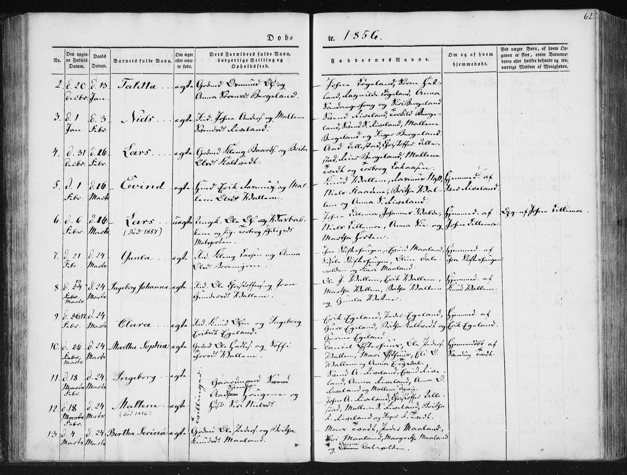 Hjelmeland sokneprestkontor, AV/SAST-A-101843/01/IV/L0008: Parish register (official) no. A 8, 1842-1861, p. 62