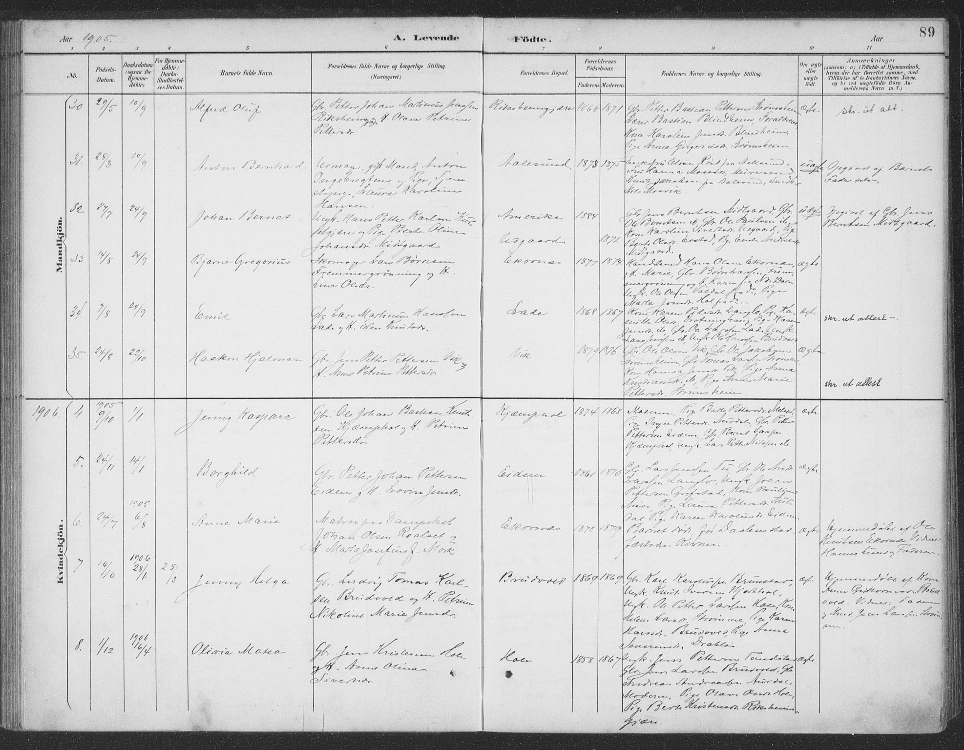 Ministerialprotokoller, klokkerbøker og fødselsregistre - Møre og Romsdal, AV/SAT-A-1454/523/L0335: Parish register (official) no. 523A02, 1891-1911, p. 89