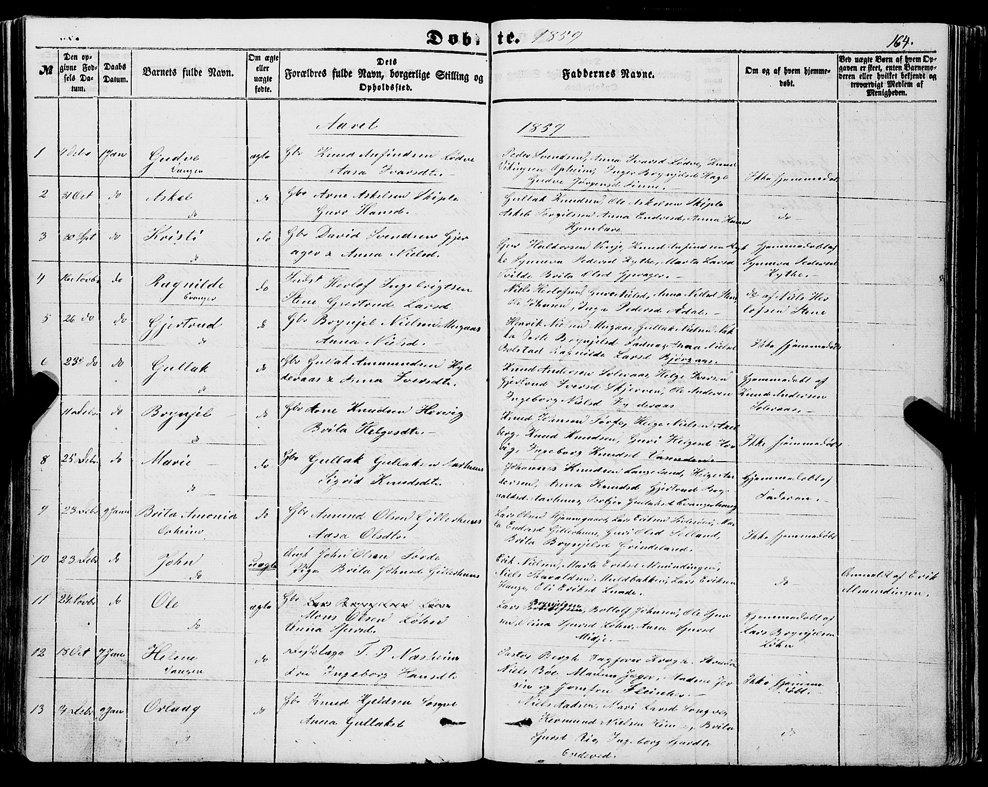 Voss sokneprestembete, SAB/A-79001/H/Haa: Parish register (official) no. A 16, 1849-1863, p. 164