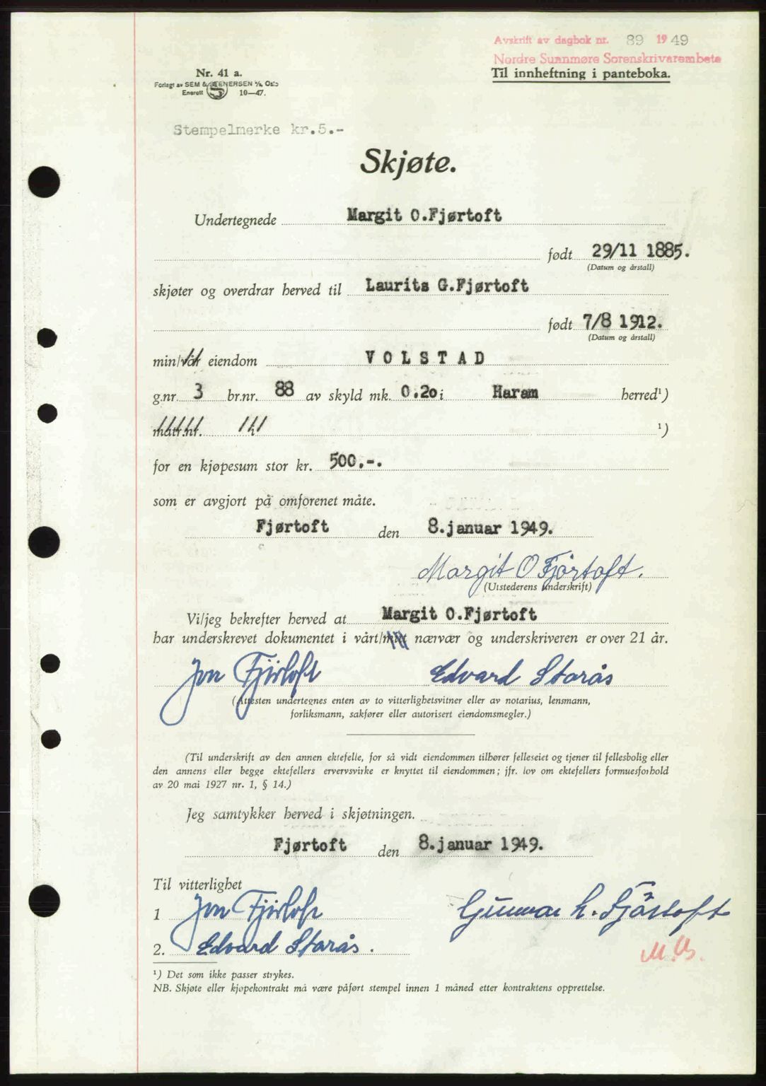 Nordre Sunnmøre sorenskriveri, AV/SAT-A-0006/1/2/2C/2Ca: Mortgage book no. A29, 1948-1949, Diary no: : 89/1949