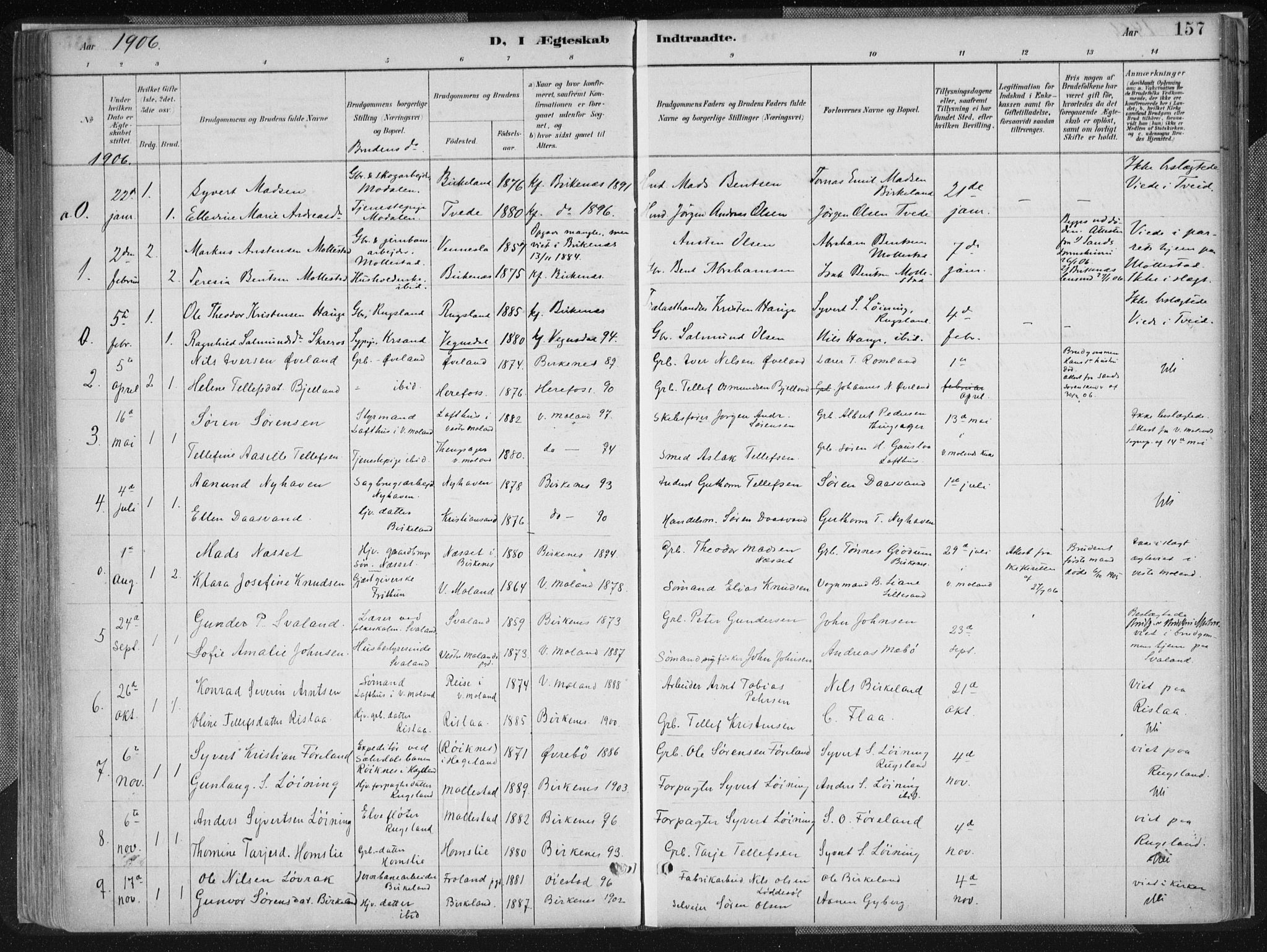Birkenes sokneprestkontor, SAK/1111-0004/F/Fa/L0005: Parish register (official) no. A 5, 1887-1907, p. 157