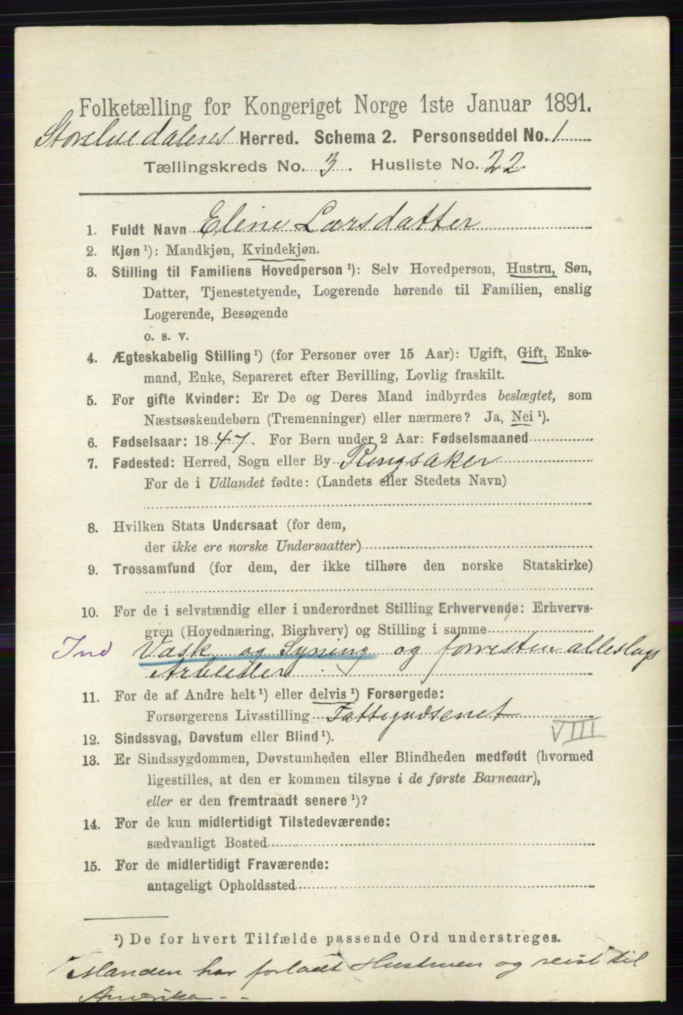 RA, 1891 census for 0430 Stor-Elvdal, 1891, p. 1007