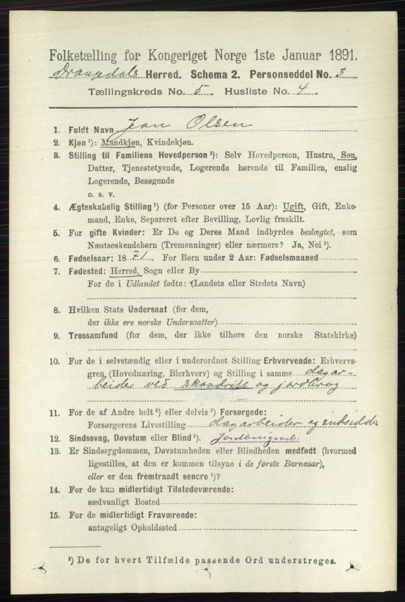 RA, 1891 census for 0817 Drangedal, 1891, p. 1693