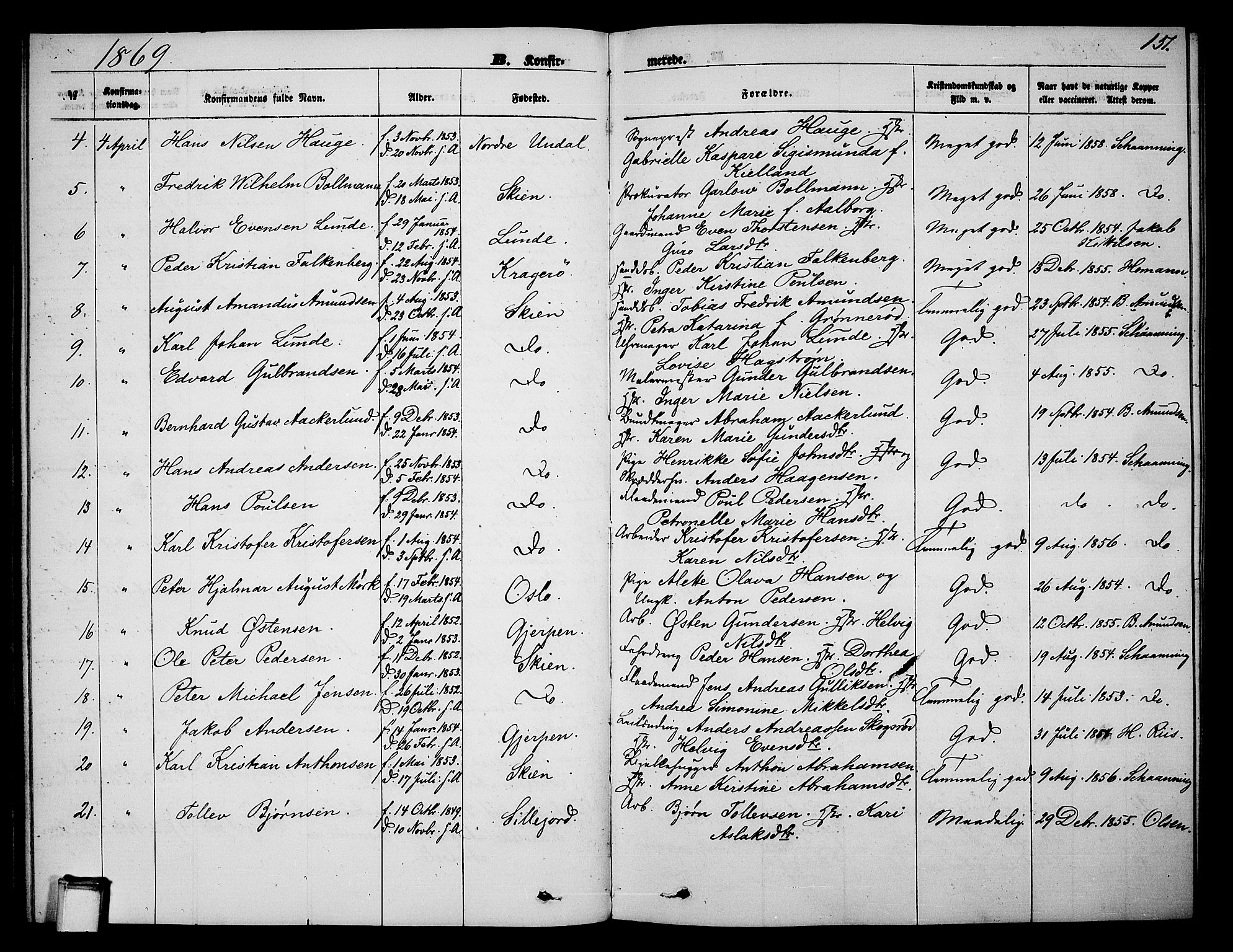 Skien kirkebøker, SAKO/A-302/G/Ga/L0005: Parish register (copy) no. 5, 1868-1880, p. 151