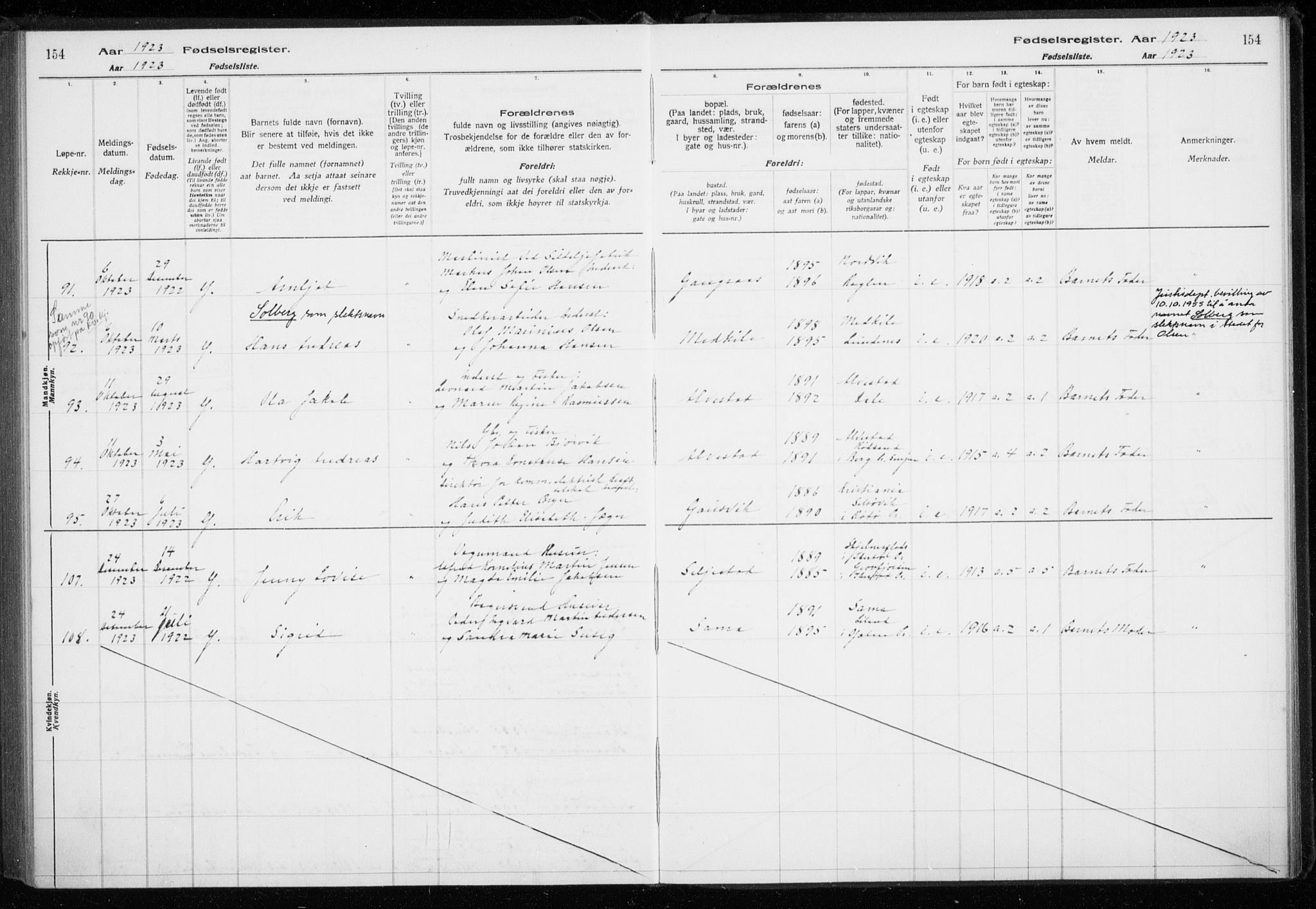 Trondenes sokneprestkontor, AV/SATØ-S-1319/I/Ia/L0089: Birth register no. 89, 1916-1925, p. 154
