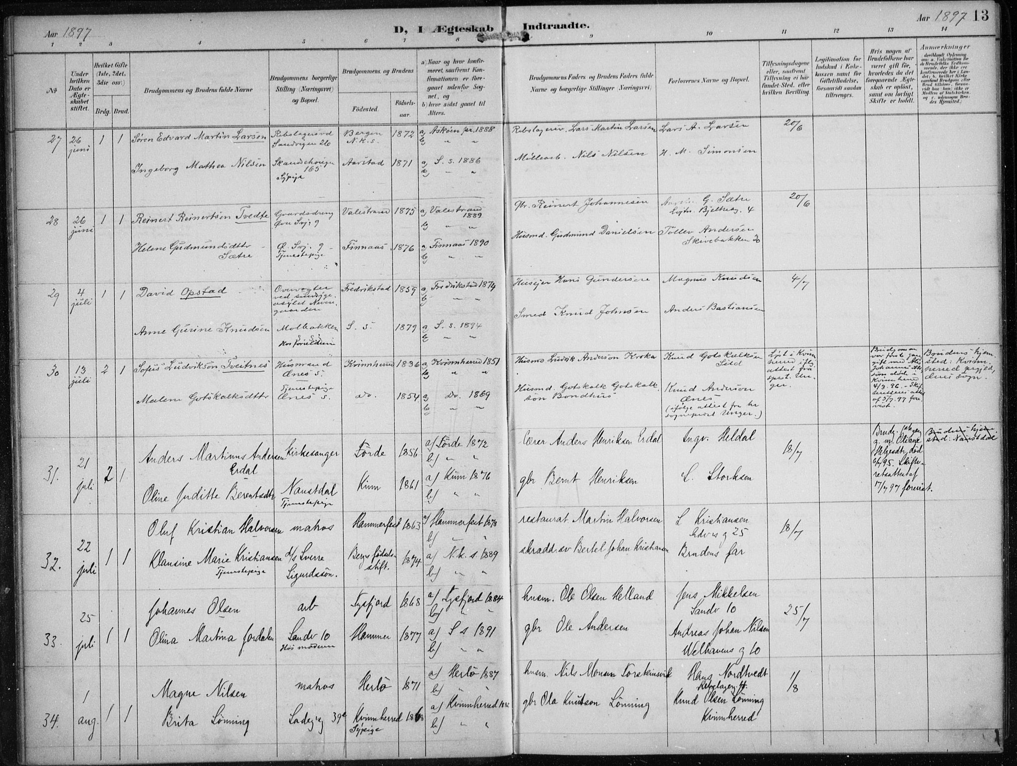 Sandviken Sokneprestembete, AV/SAB-A-77601/H/Ha/L0014: Parish register (official) no. D 1, 1896-1911, p. 13