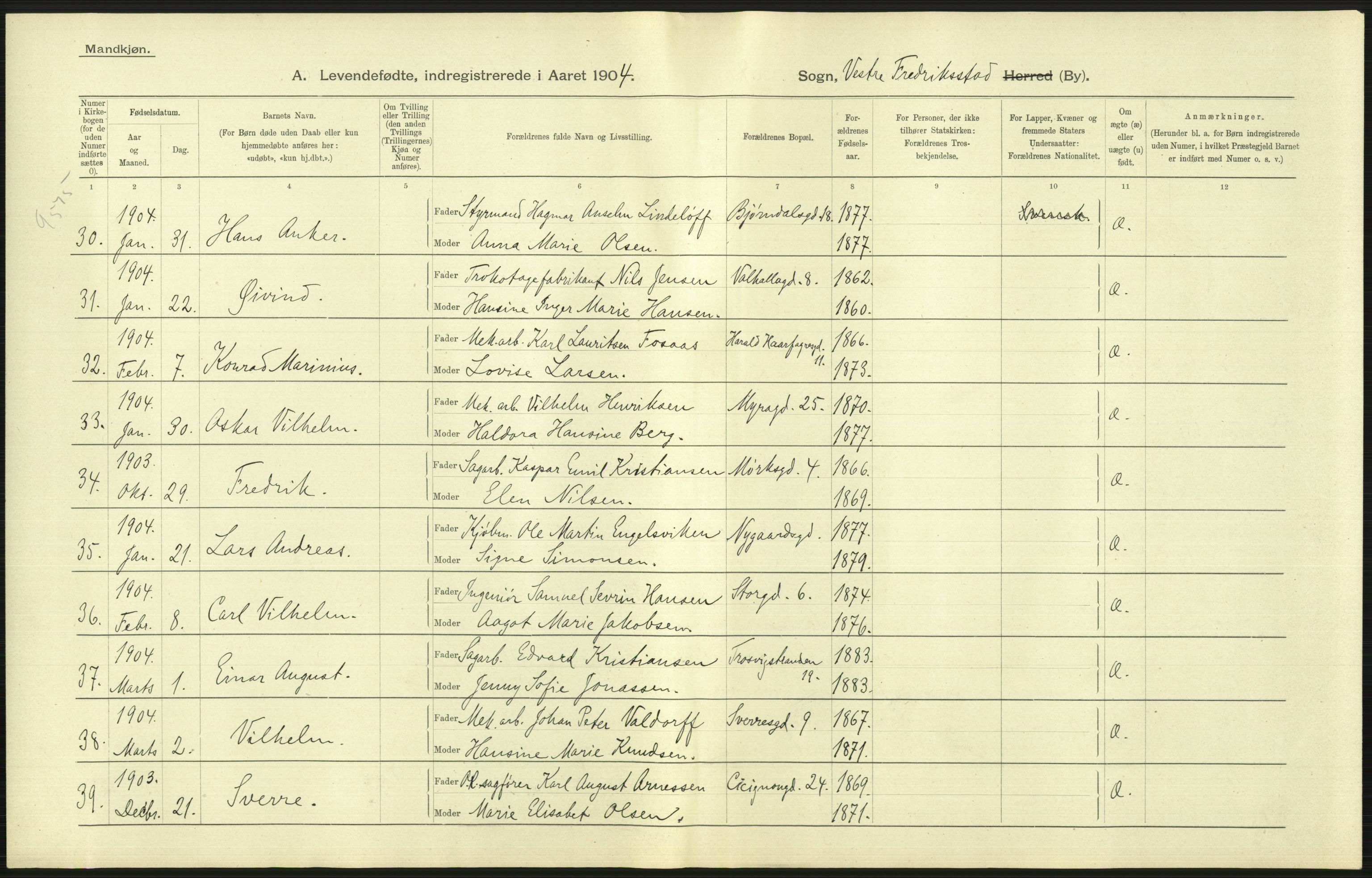 Statistisk sentralbyrå, Sosiodemografiske emner, Befolkning, AV/RA-S-2228/D/Df/Dfa/Dfab/L0001: Smålenenes amt: Fødte, gifte, døde, 1904, p. 177