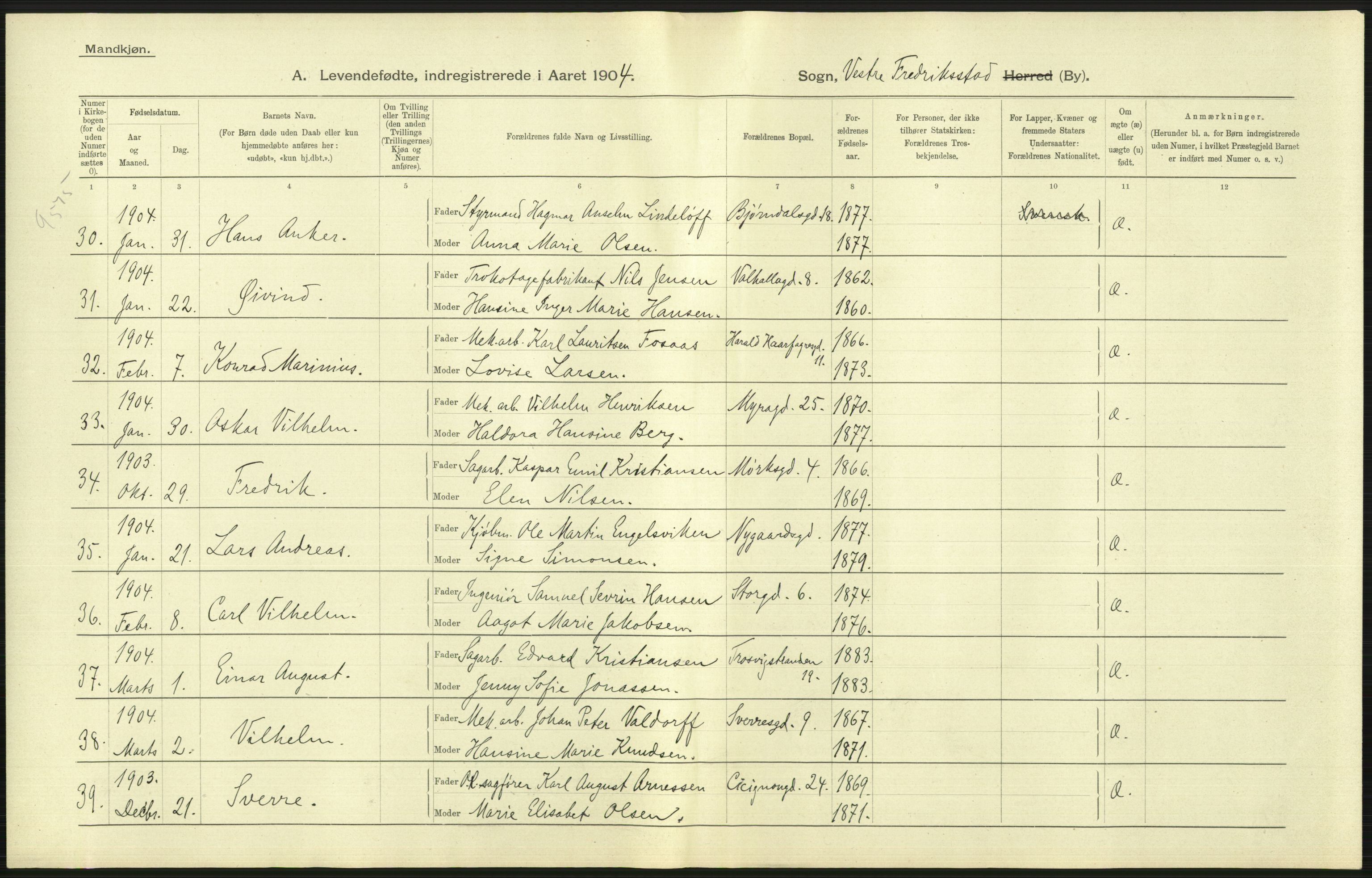 Statistisk sentralbyrå, Sosiodemografiske emner, Befolkning, RA/S-2228/D/Df/Dfa/Dfab/L0001: Smålenenes amt: Fødte, gifte, døde, 1904, p. 177