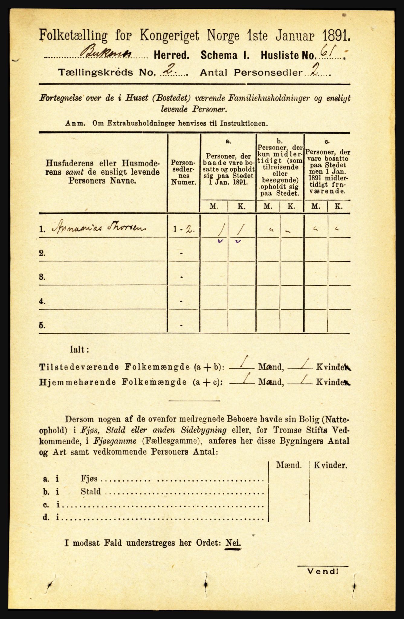 RA, 1891 census for 1860 Buksnes, 1891, p. 1581