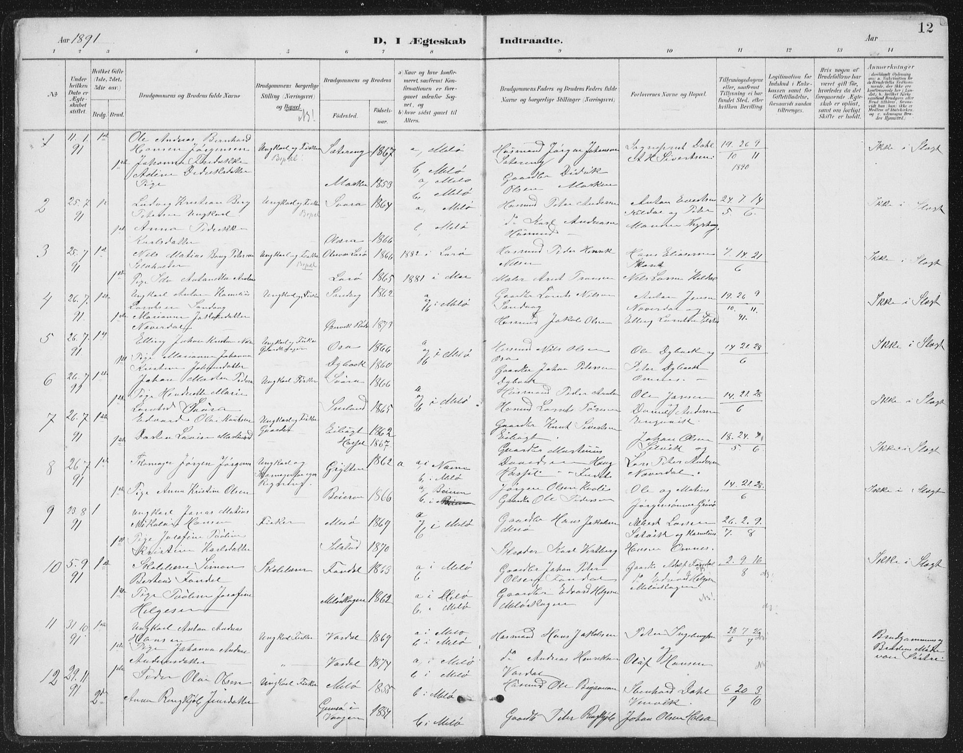 Ministerialprotokoller, klokkerbøker og fødselsregistre - Nordland, SAT/A-1459/843/L0638: Parish register (copy) no. 843C07, 1888-1907, p. 12