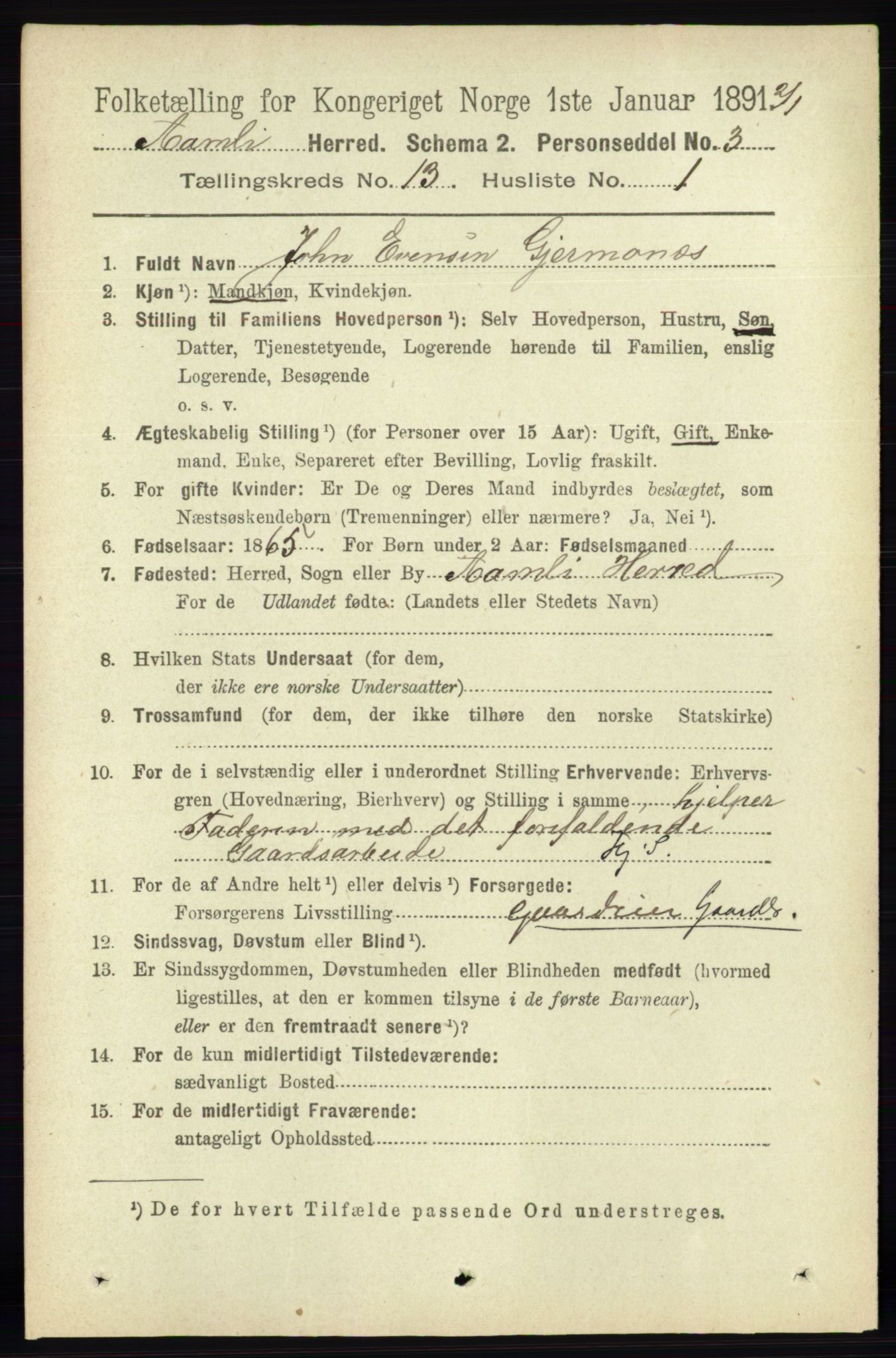 RA, 1891 census for 0929 Åmli, 1891, p. 2152