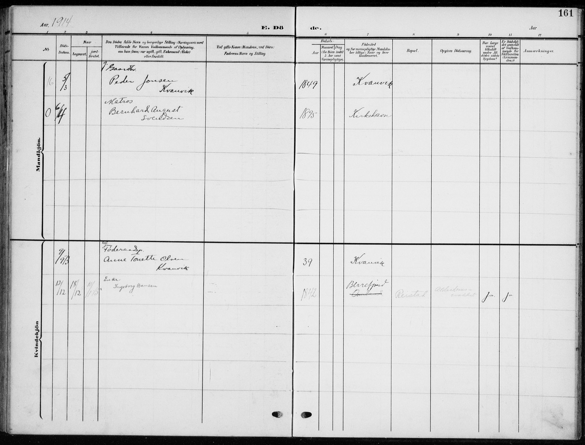 Flekkefjord sokneprestkontor, AV/SAK-1111-0012/F/Fb/Fbb/L0005: Parish register (copy) no. B 5, 1908-1927, p. 161