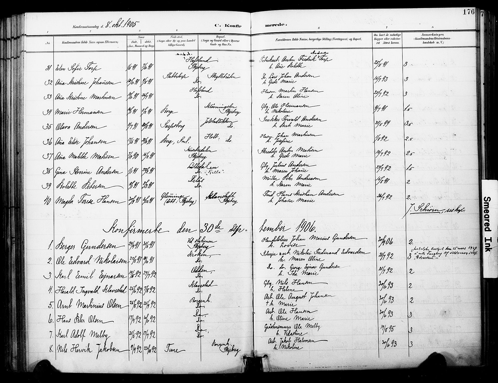 Skjeberg prestekontor Kirkebøker, SAO/A-10923/F/Fa/L0010: Parish register (official) no. I 10, 1898-1911, p. 176