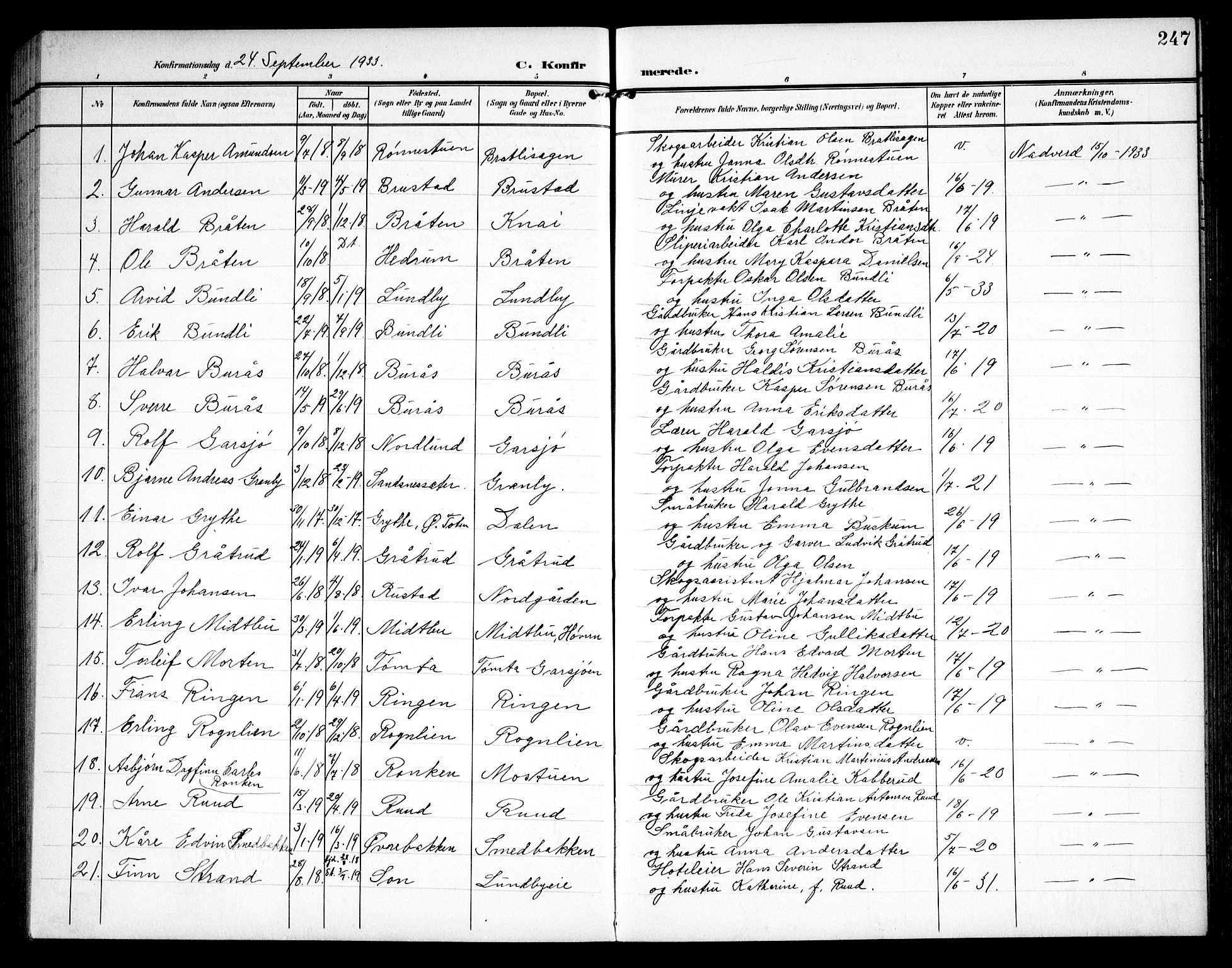 Hurdal prestekontor Kirkebøker, AV/SAO-A-10889/G/Ga/L0001: Parish register (copy) no. I 1, 1902-1934, p. 247