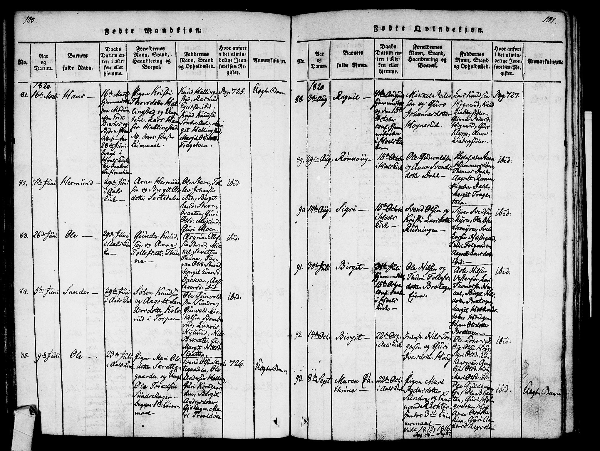 Ål kirkebøker, AV/SAKO-A-249/F/Fa/L0004: Parish register (official) no. I 4, 1815-1825, p. 100-101